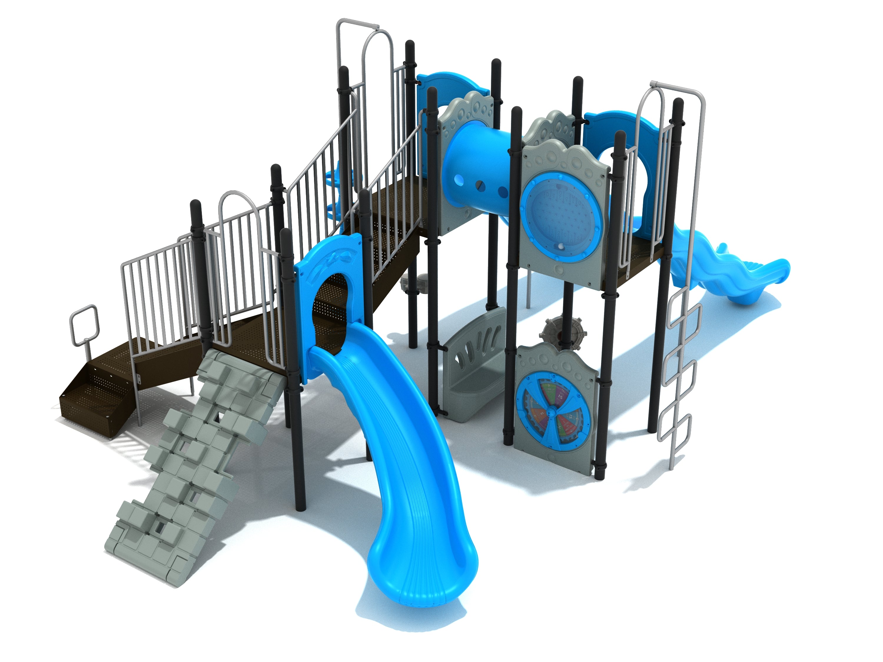 Outdoor playground structure with twin blue wave slides, tube bridge, climbing walls, and activity panels