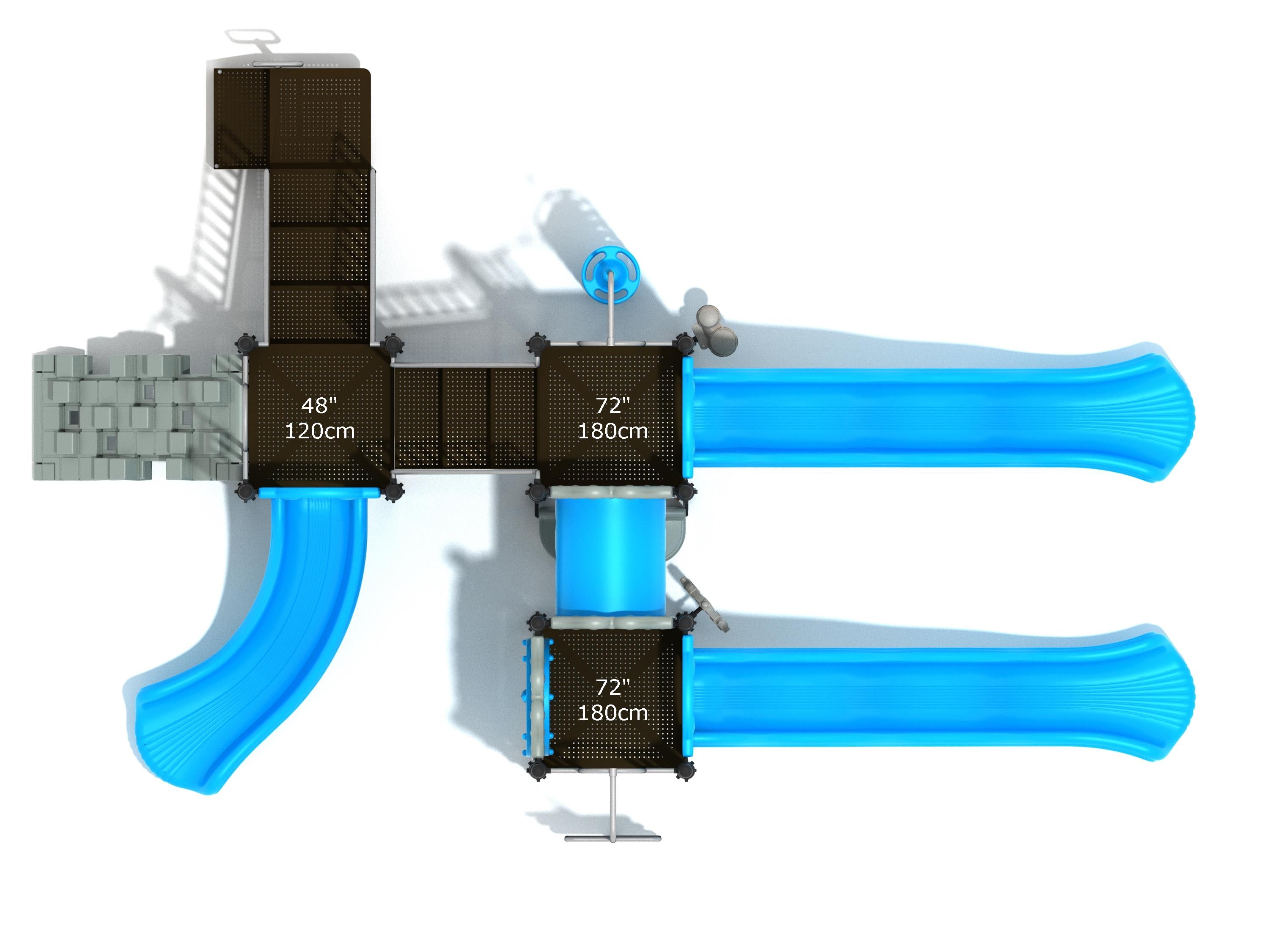 Overhead view of large playground with three bright blue slides, tube bridge, and multiple climbing platforms