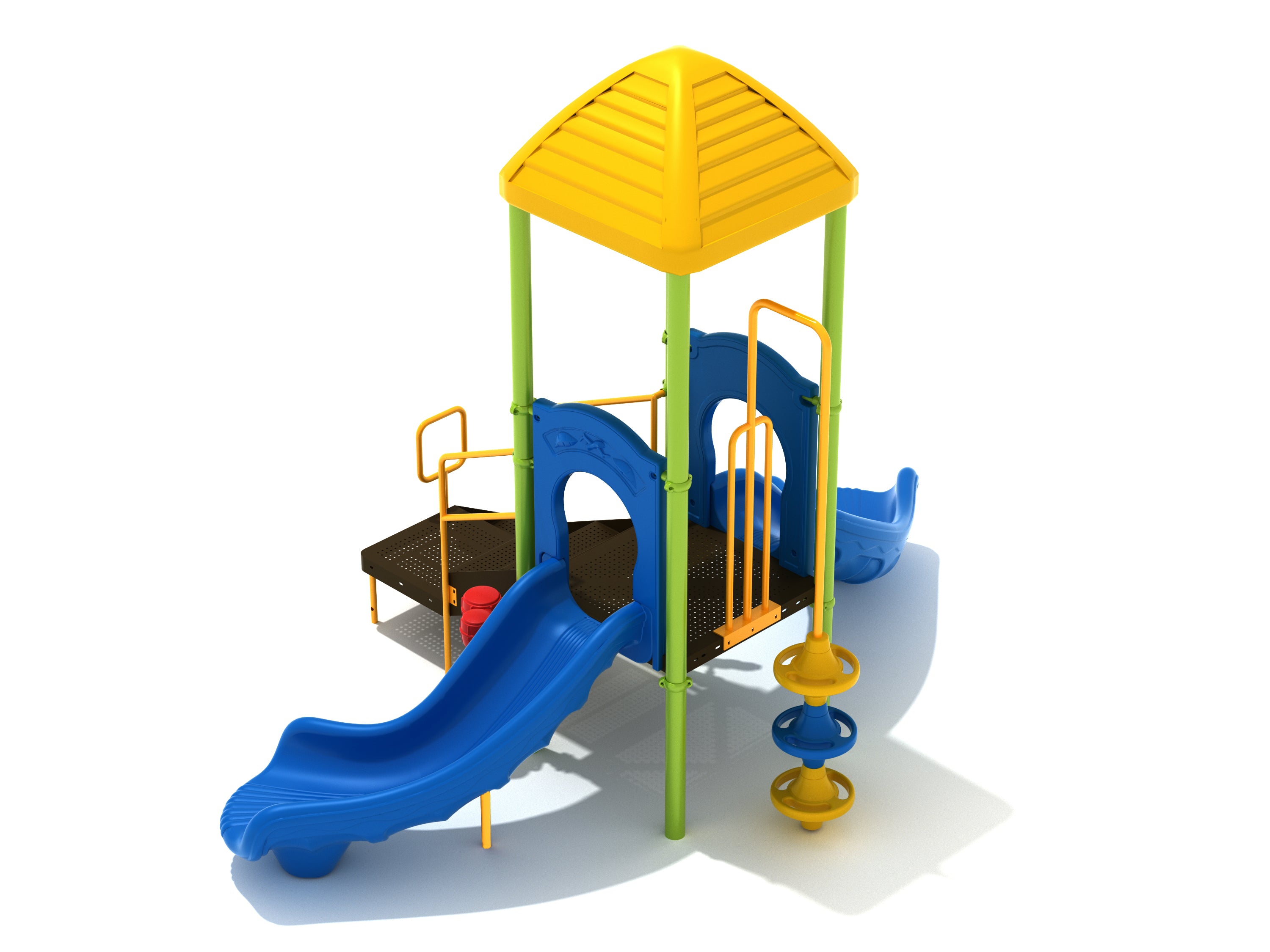Compact playground structure with yellow pyramid roof, blue curved slides, green support poles, and interactive ship's wheel at ground level