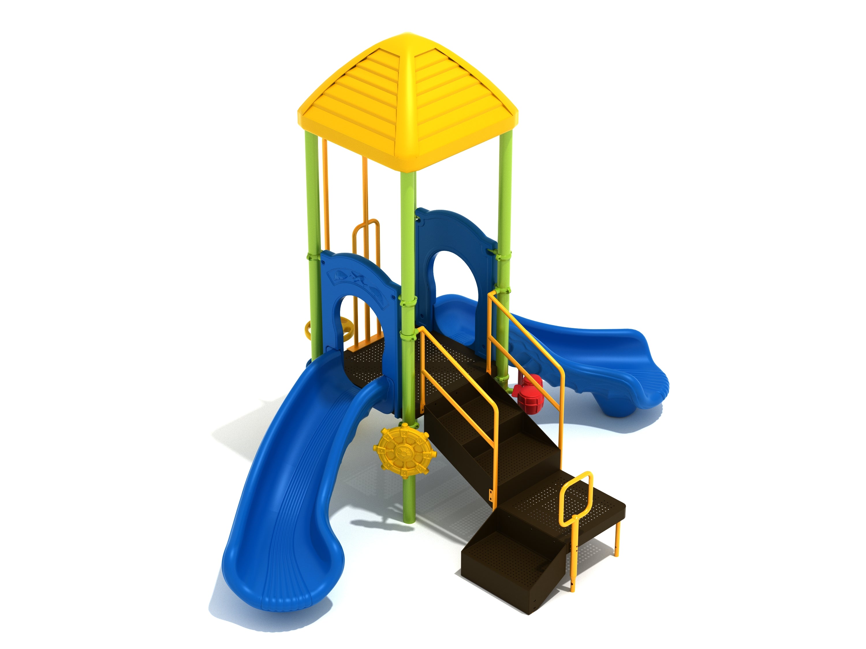 Compact playground with yellow pyramid roof, two blue curved slides, green posts, stairs, and yellow ship's wheel at ground level