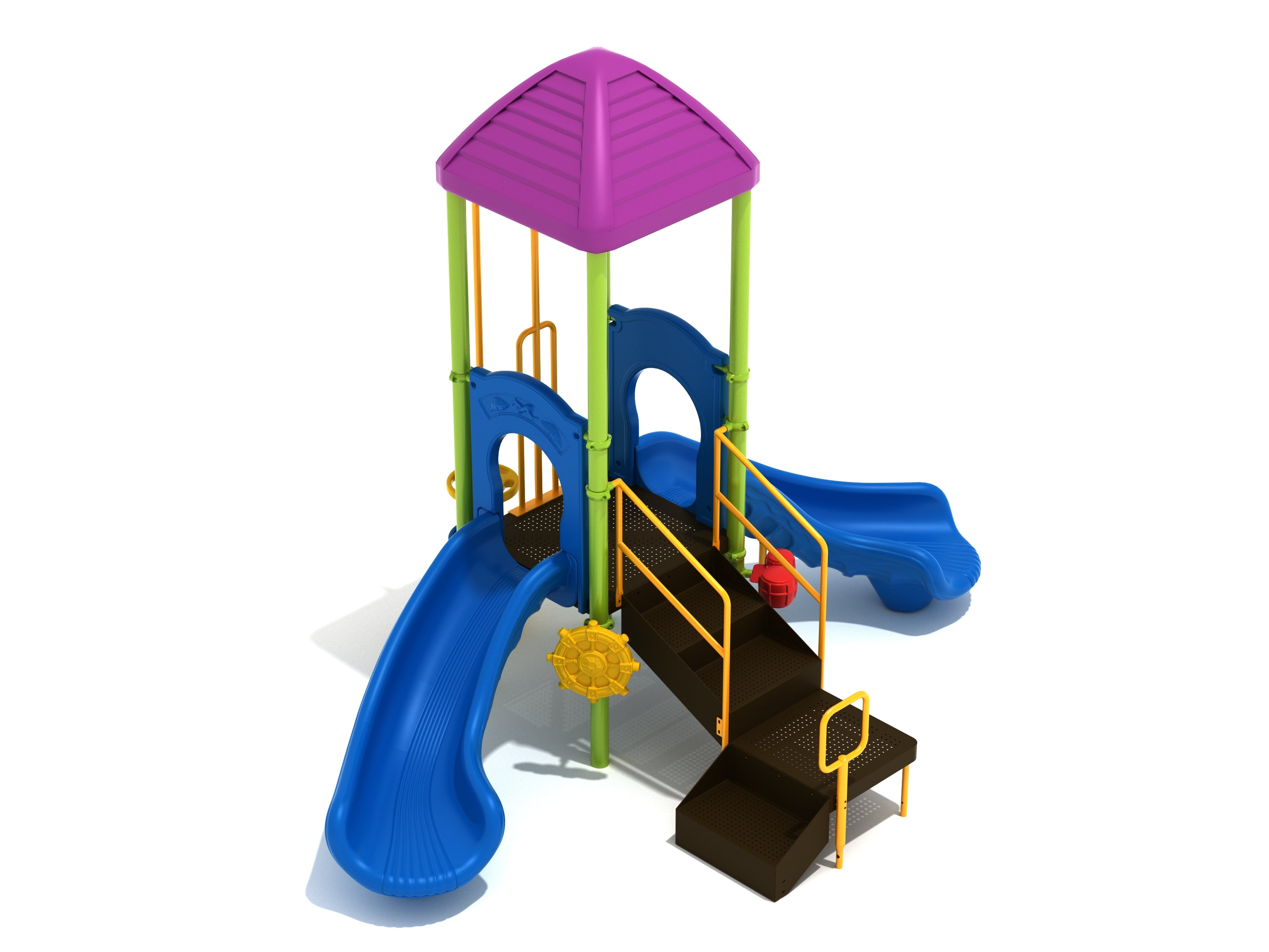 Compact children's play structure with purple pyramid roof, blue dual slides, green posts, yellow railings, and a ship's wheel at ground level