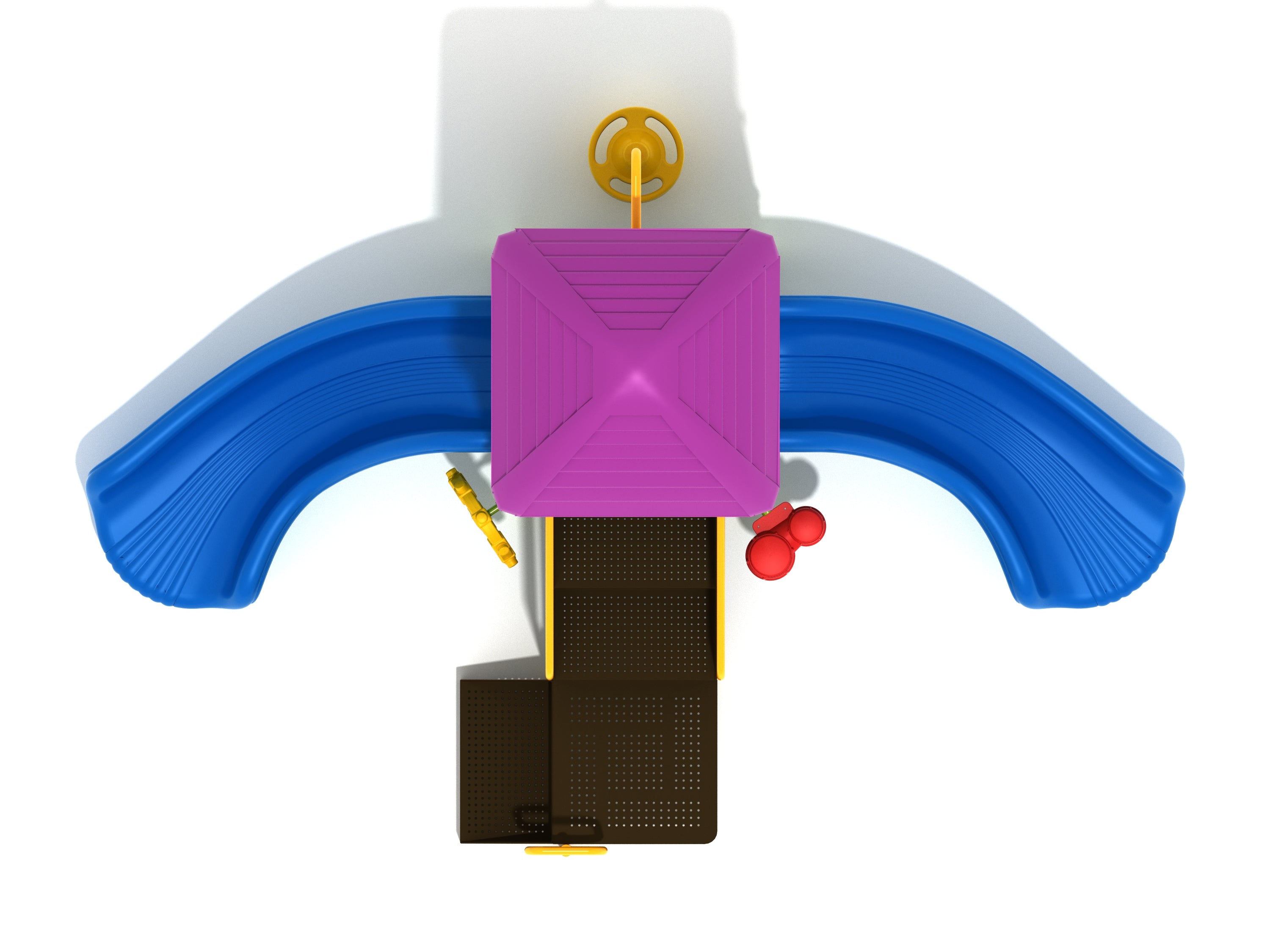 Overhead view of colorful playground with purple pyramid roof, two blue curved slides, yellow ship's wheel, and red play panels