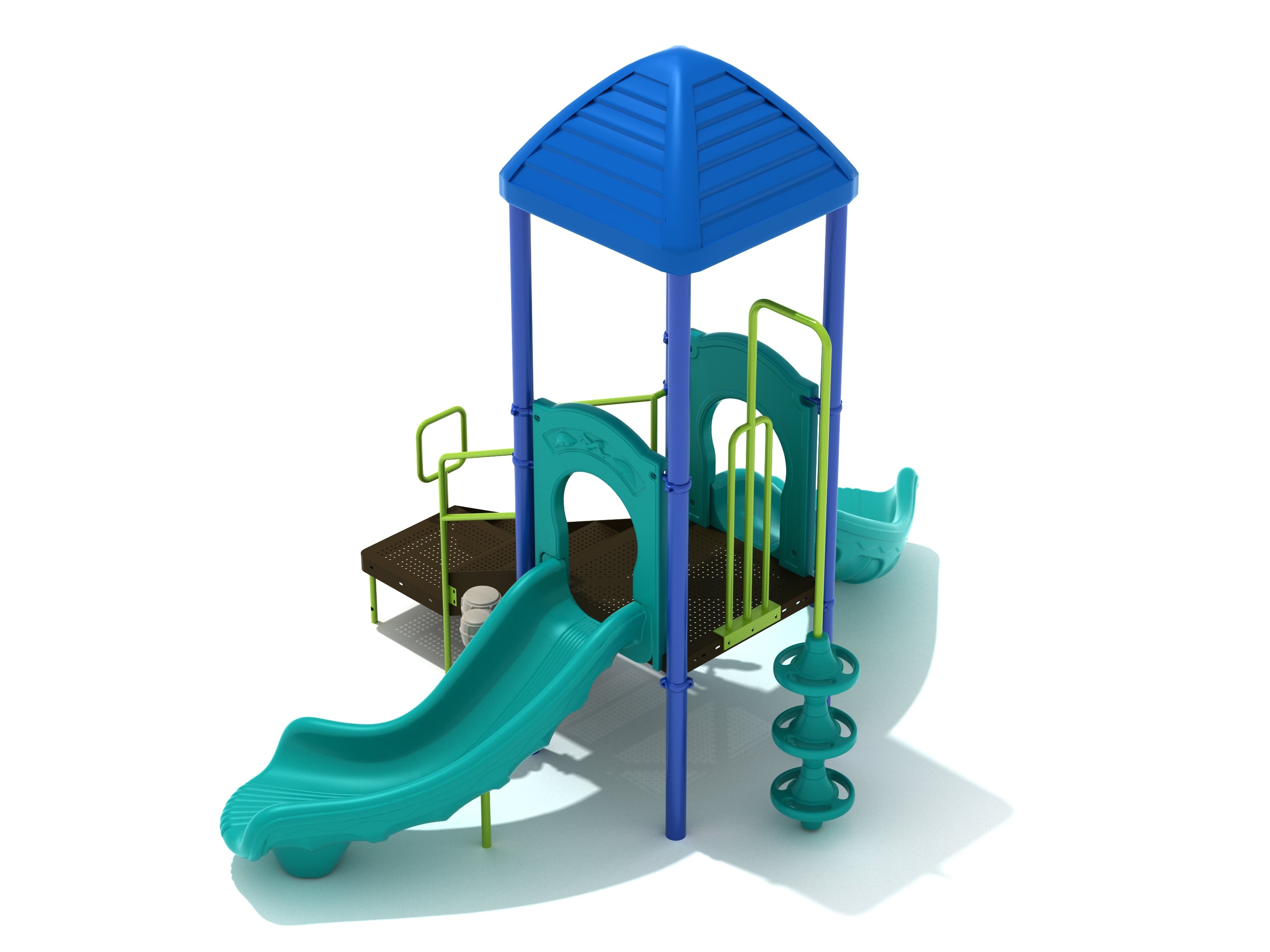 Compact playground with blue pyramid roof, dual curved slides, climbing pod, and interactive ship's wheel at ground level