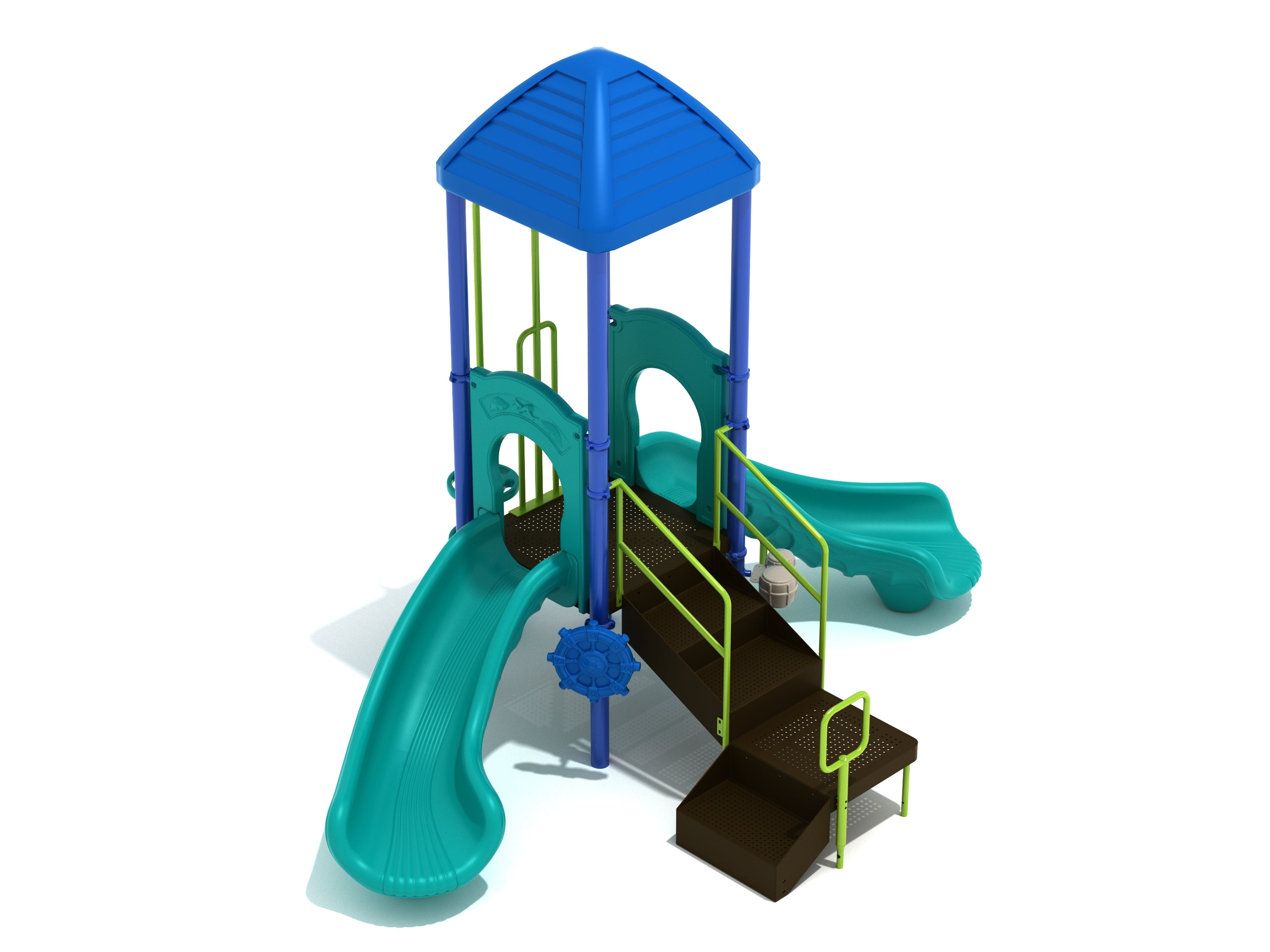 Compact playground with blue pyramid roof, two teal spiral slides, brown platform, green railings, and ship's wheel panel