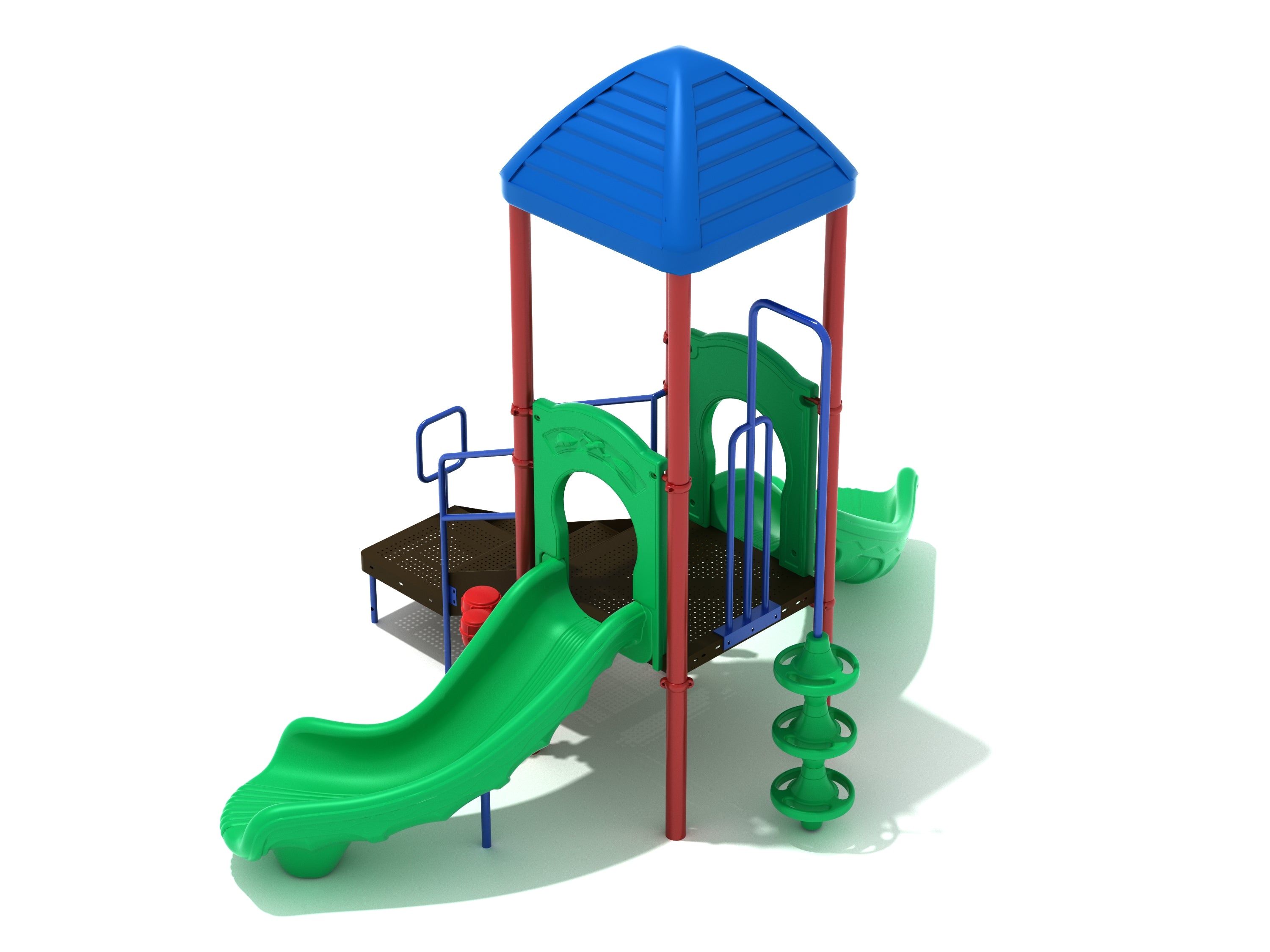 Compact playground structure with blue pyramid roof, green left and right turn slides, climbing pod, and brown platform