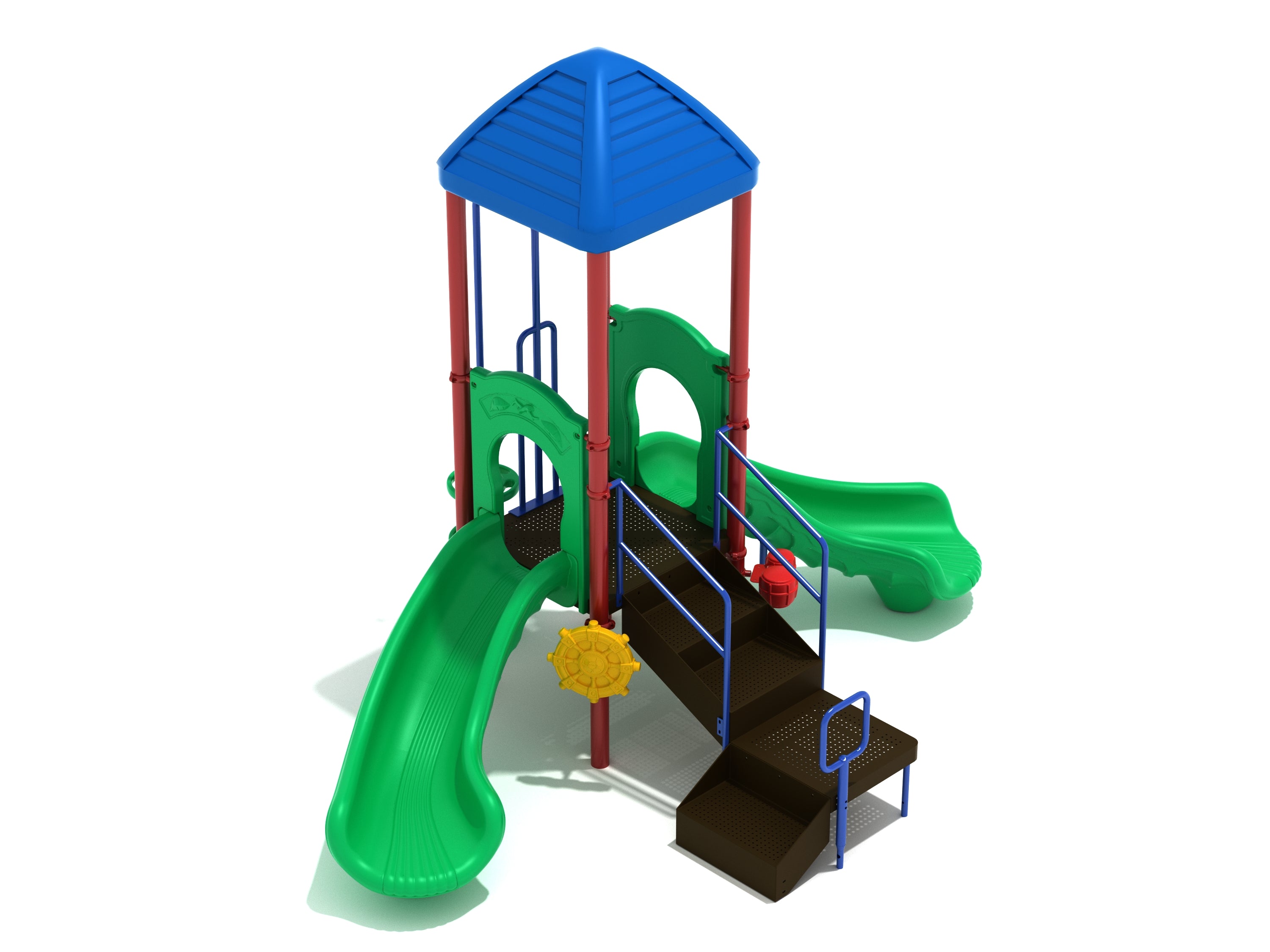 Compact playground structure with blue pyramid roof, green dual slides, brown stairs, and yellow ship's wheel panel
