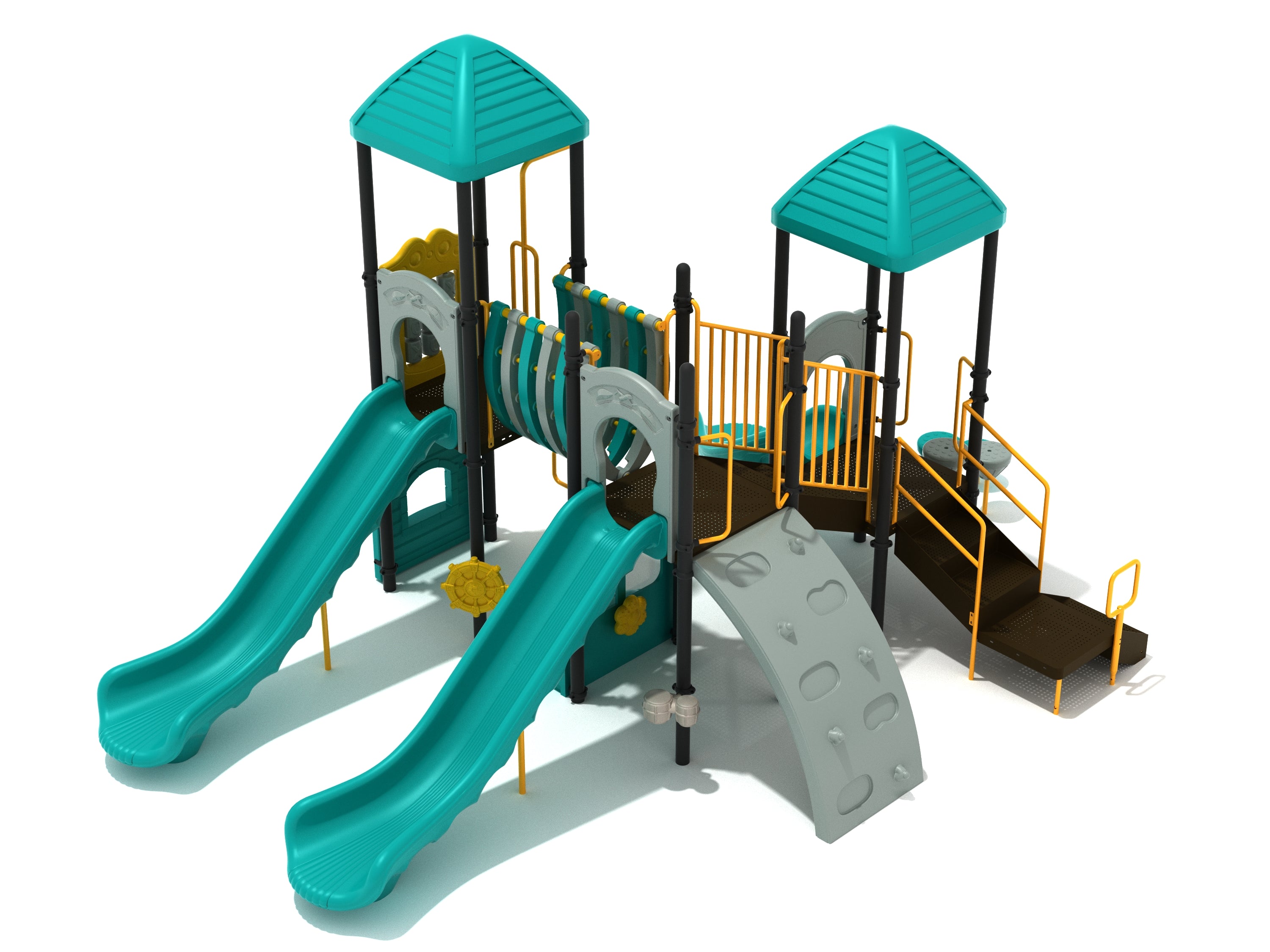 Playground structure with two teal slides, climbing wall, Bones Bridge, yellow railings, and activity panels