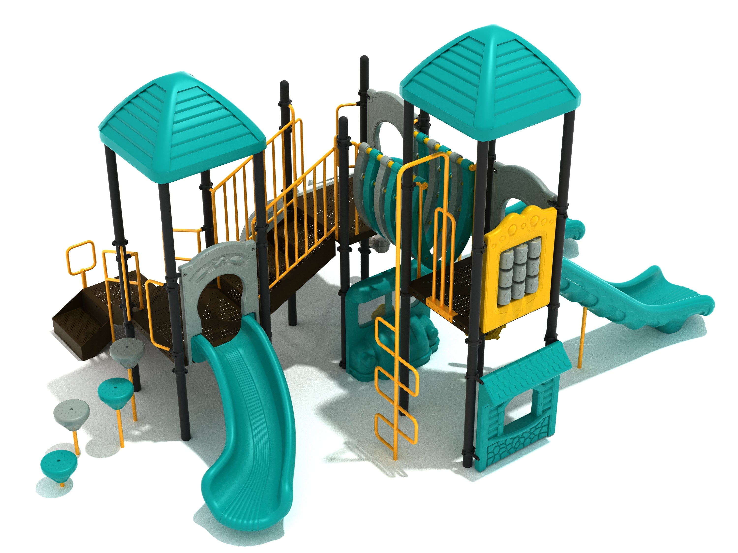 Colorful playground structure with three slides, climbing elements, activity panels, and a connecting Bones Bridge in teal, yellow, and black.