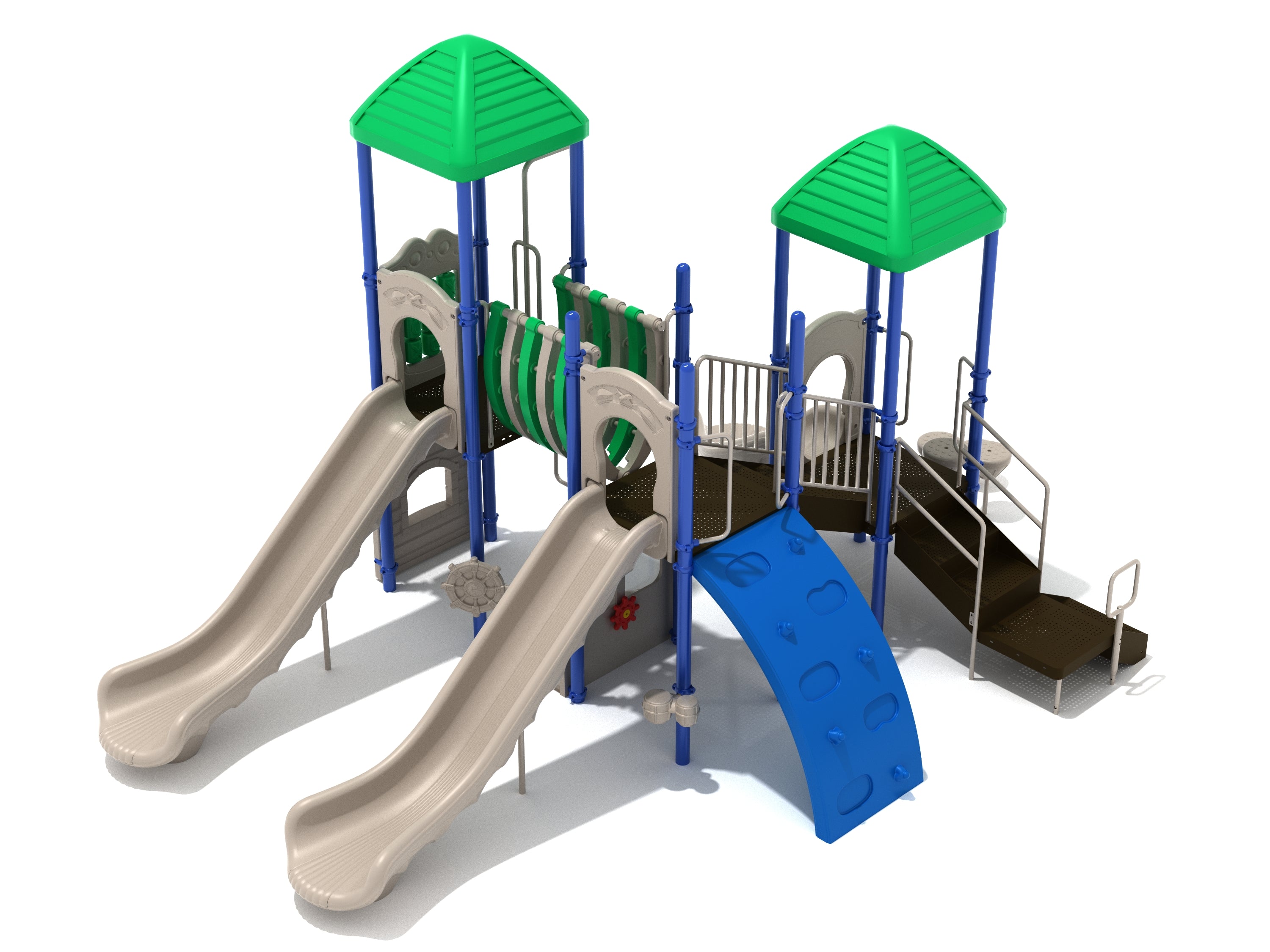 Playground structure with two beige slides, green roofs, blue climbing wall, and connecting tunnel