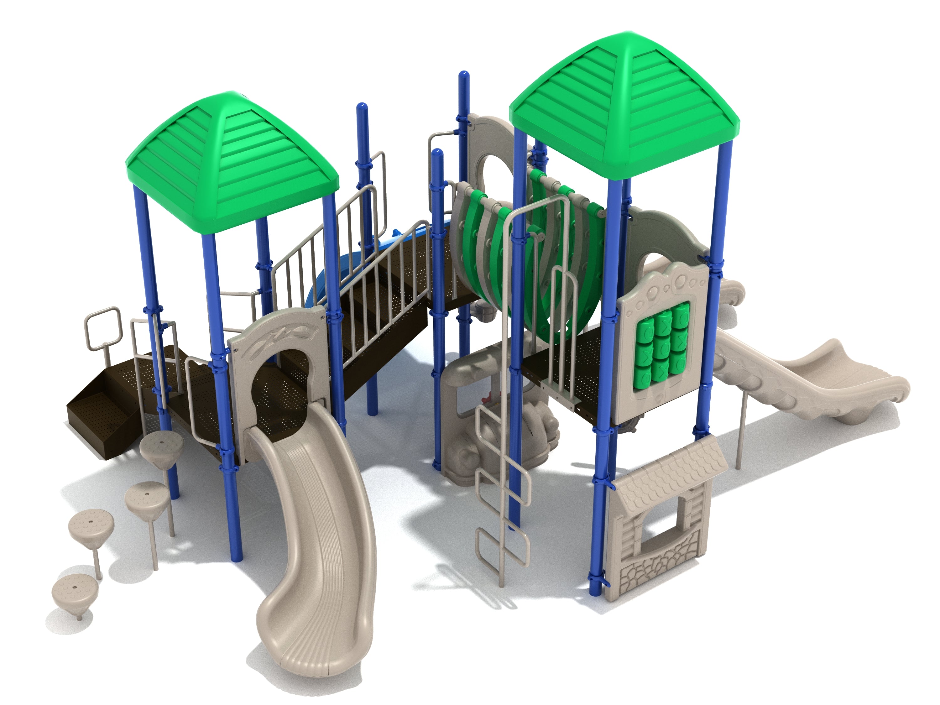 Colorful playground structure with green roofs, blue supports, three slides, climbing elements, and interactive activity panels