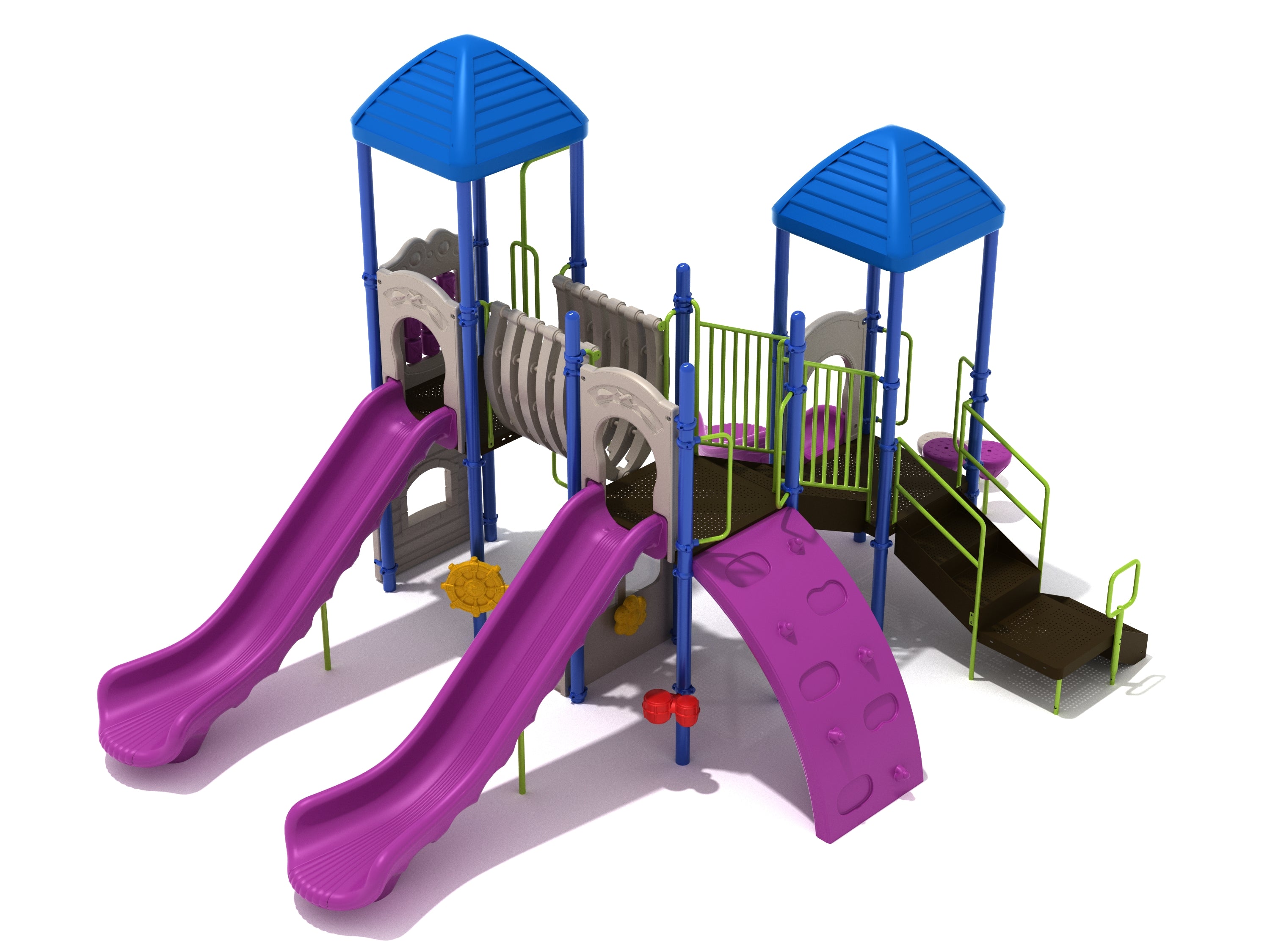 Colorful playground structure with two purple slides, climbing wall, Bones Bridge, and blue roofed towers