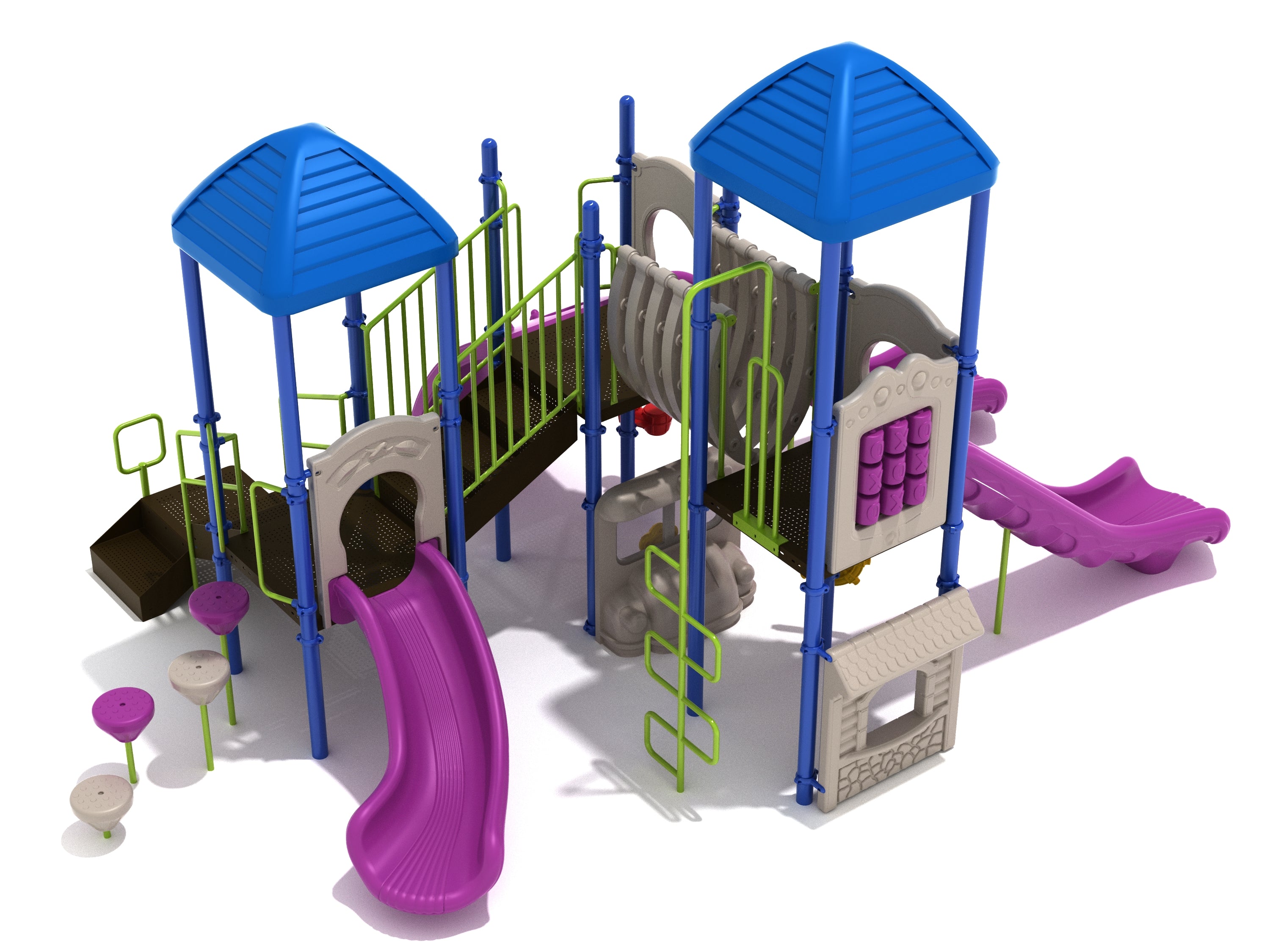 Colorful playground structure with blue roofs, purple slides, green railings, climbing elements, and activity panels