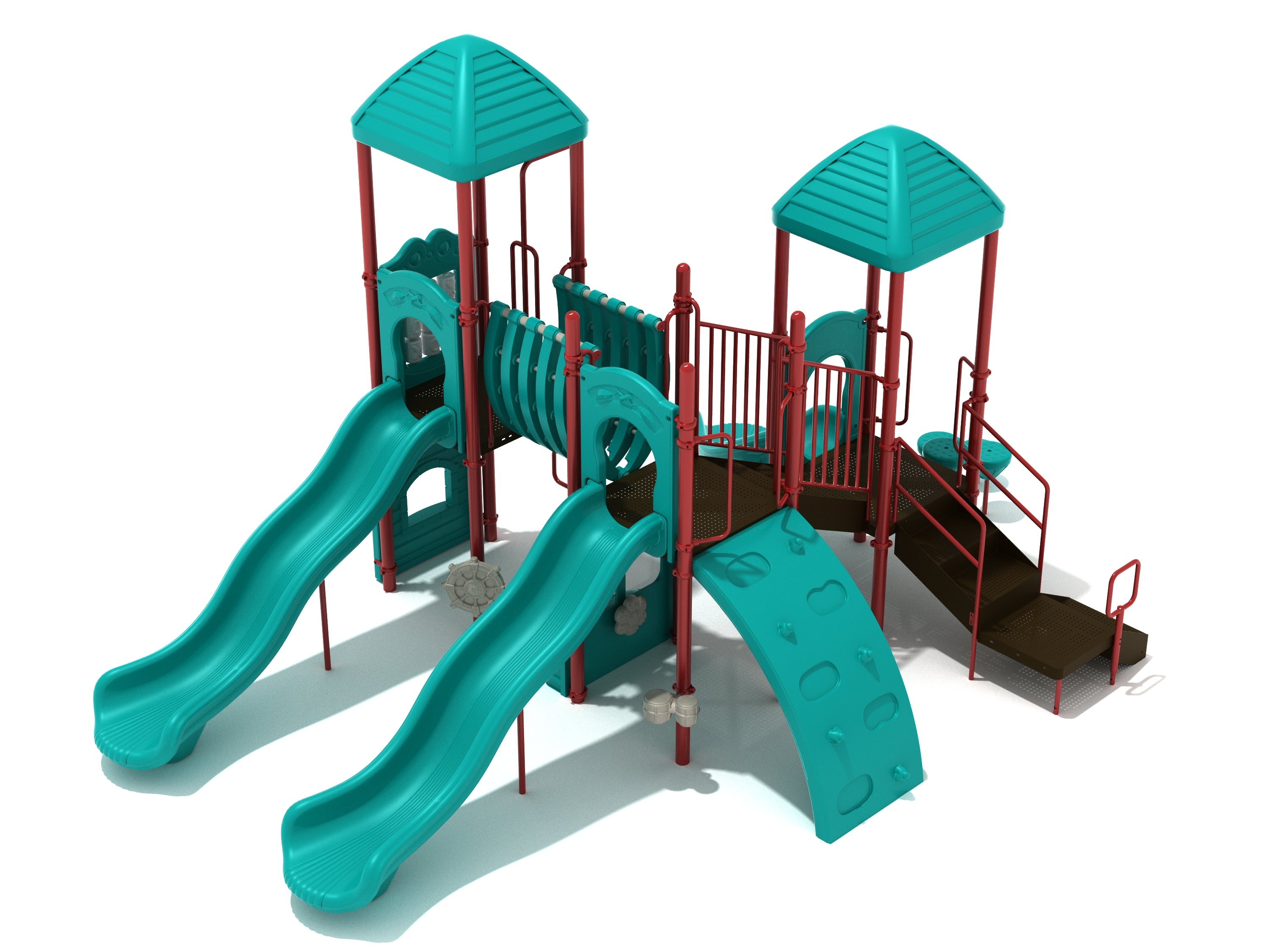 Playground structure with two tall slides, climbing wall, tunnel bridge, stairs, and activity panels in teal and red
