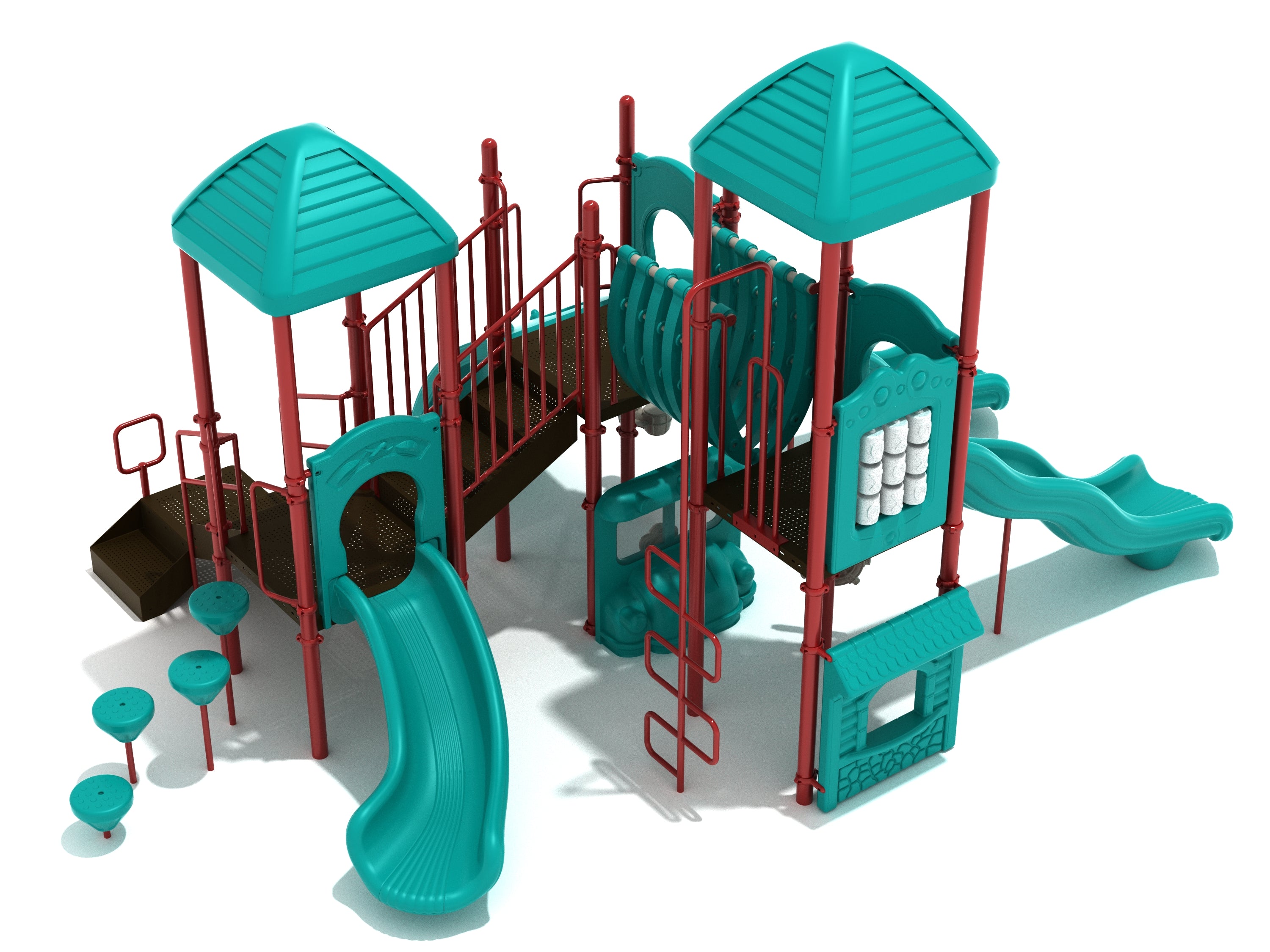 Colorful playground structure with three slides, climbing elements, activity panels, and a connecting bridge viewed at an angle