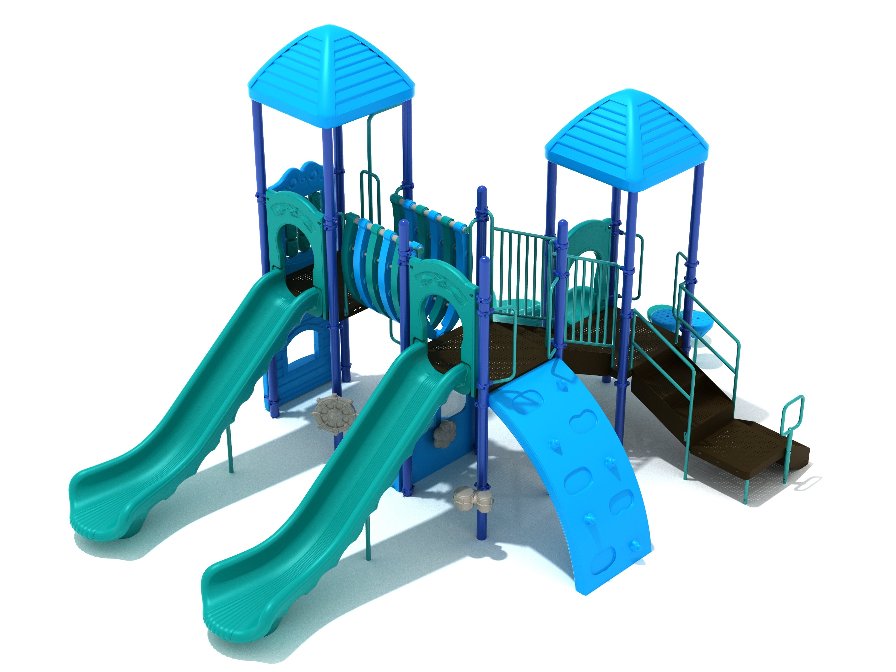 Playground structure with two blue slides, climbing wall, stairs, connecting tunnel, and blue roofs