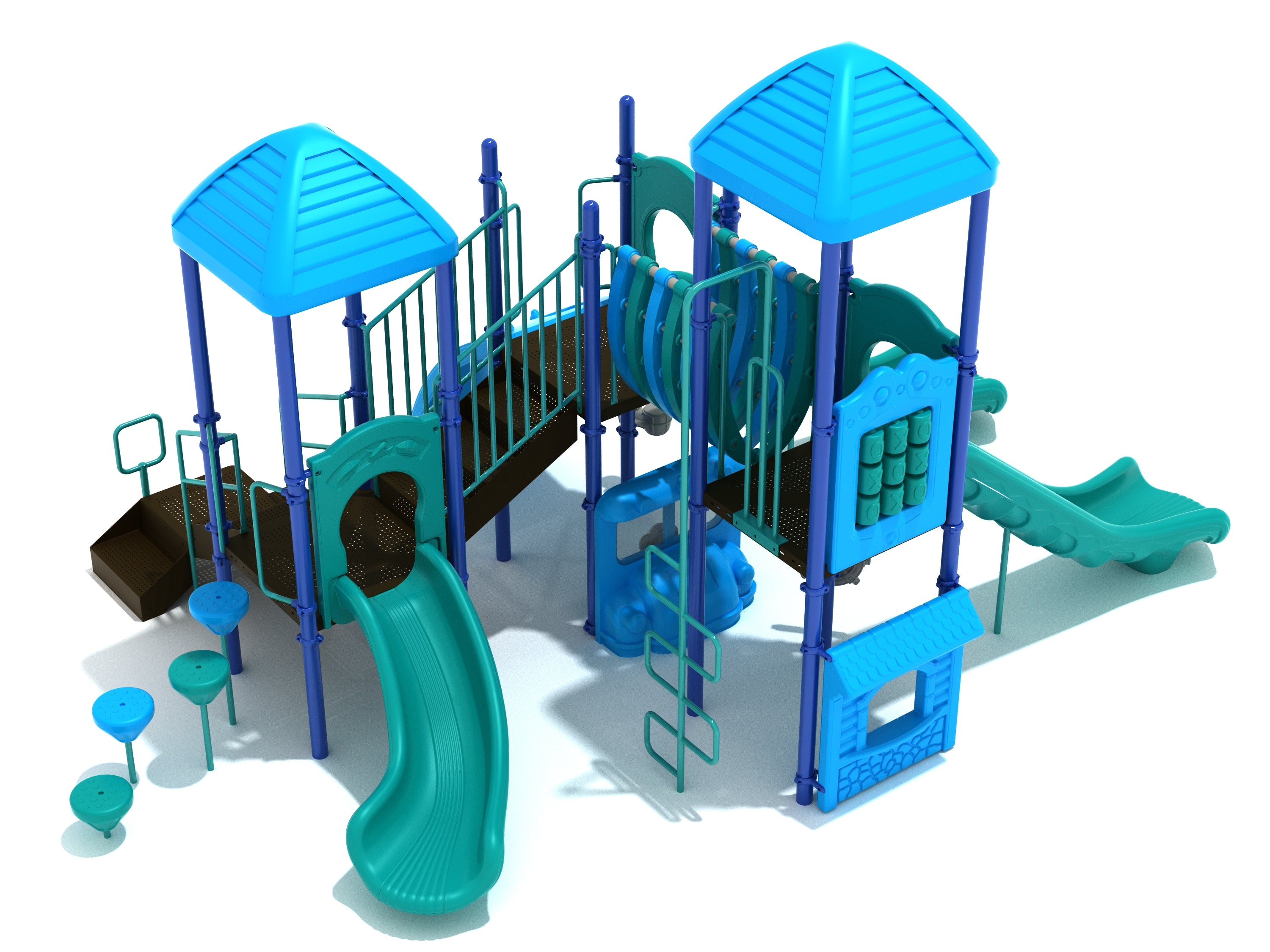 Colorful playground structure with three slides, climbing elements, activity panels, and a connecting Bones Bridge viewed at an angle
