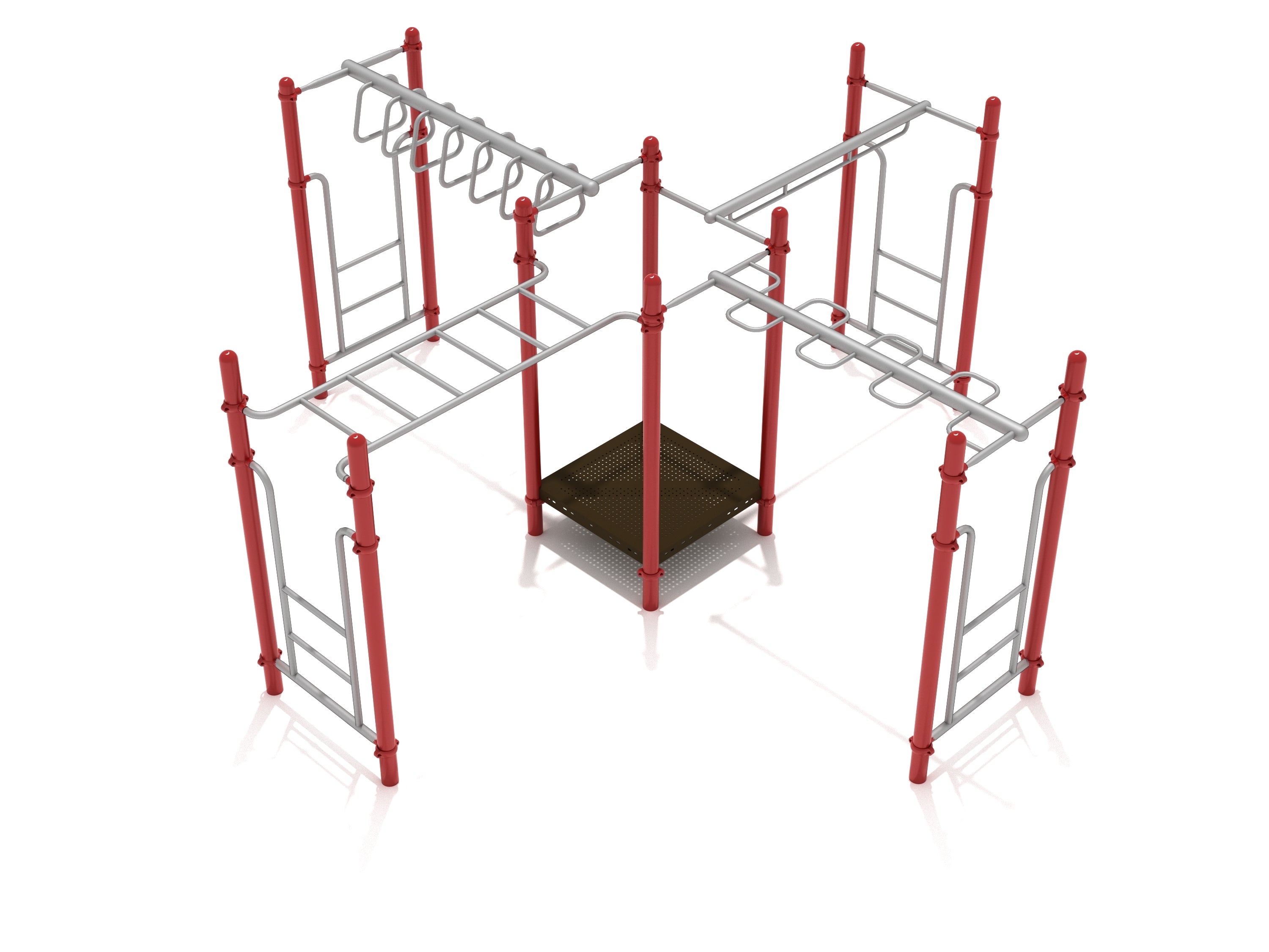 Playground climbing structure with red vertical posts and multiple silver overhead ladders and bars for upper body exercise