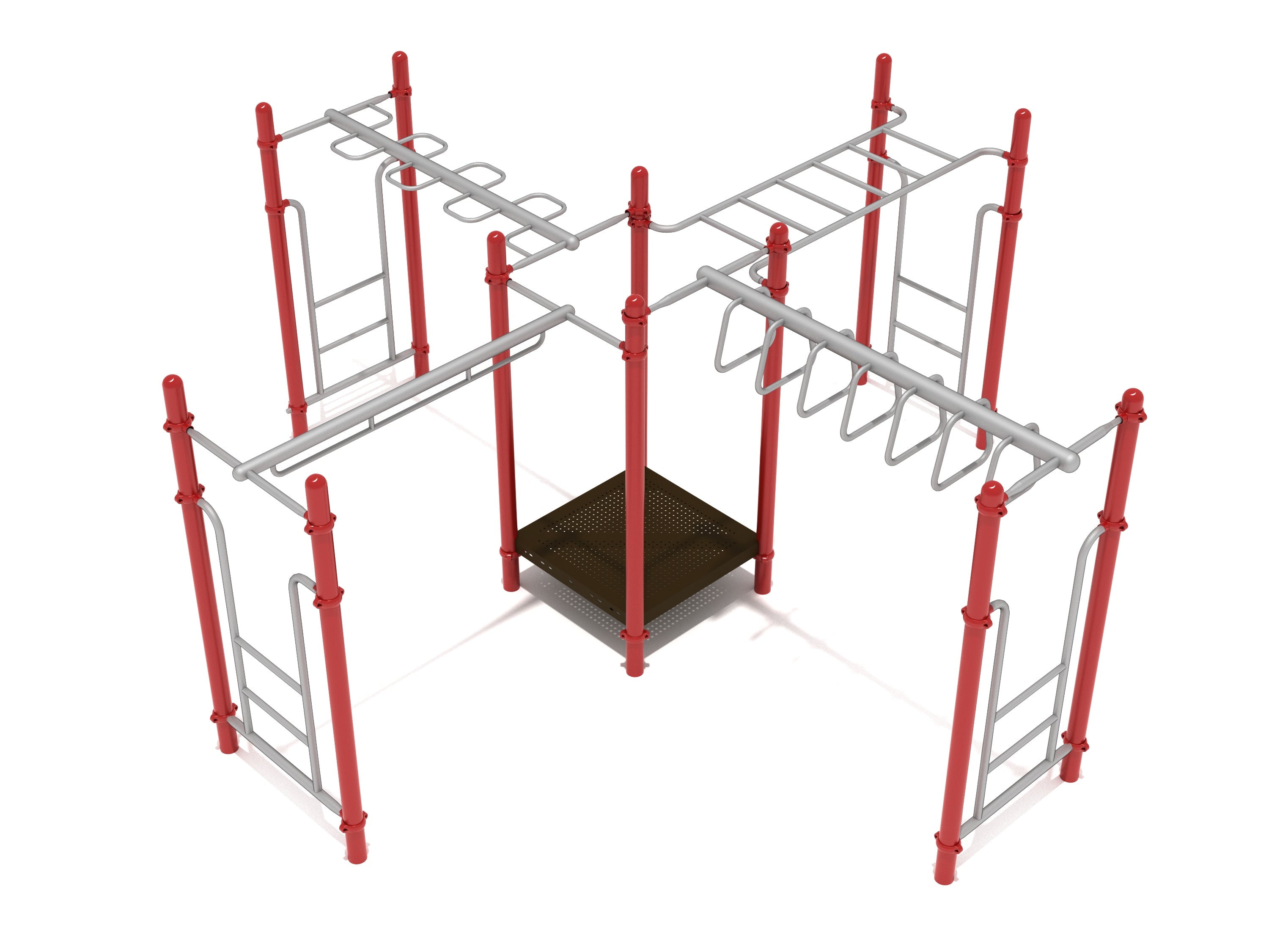 Playground climbing structure with red vertical posts and multiple silver overhead ladders and bars for agility and strength training