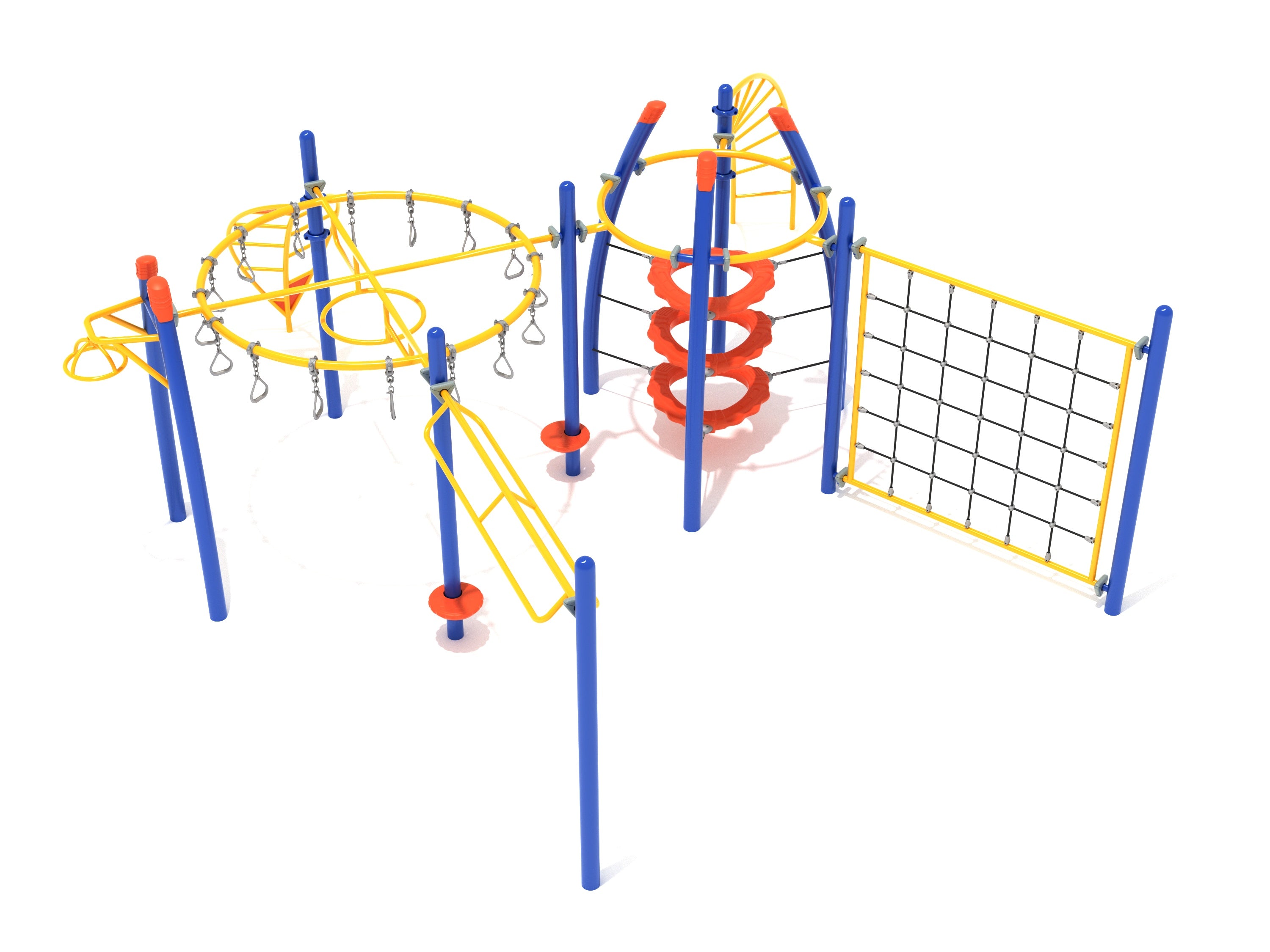 Gunnison Gorge Fitness Course Playground with blue and yellow climbing structures, rings, net climber, and overhead swinging rung ladder