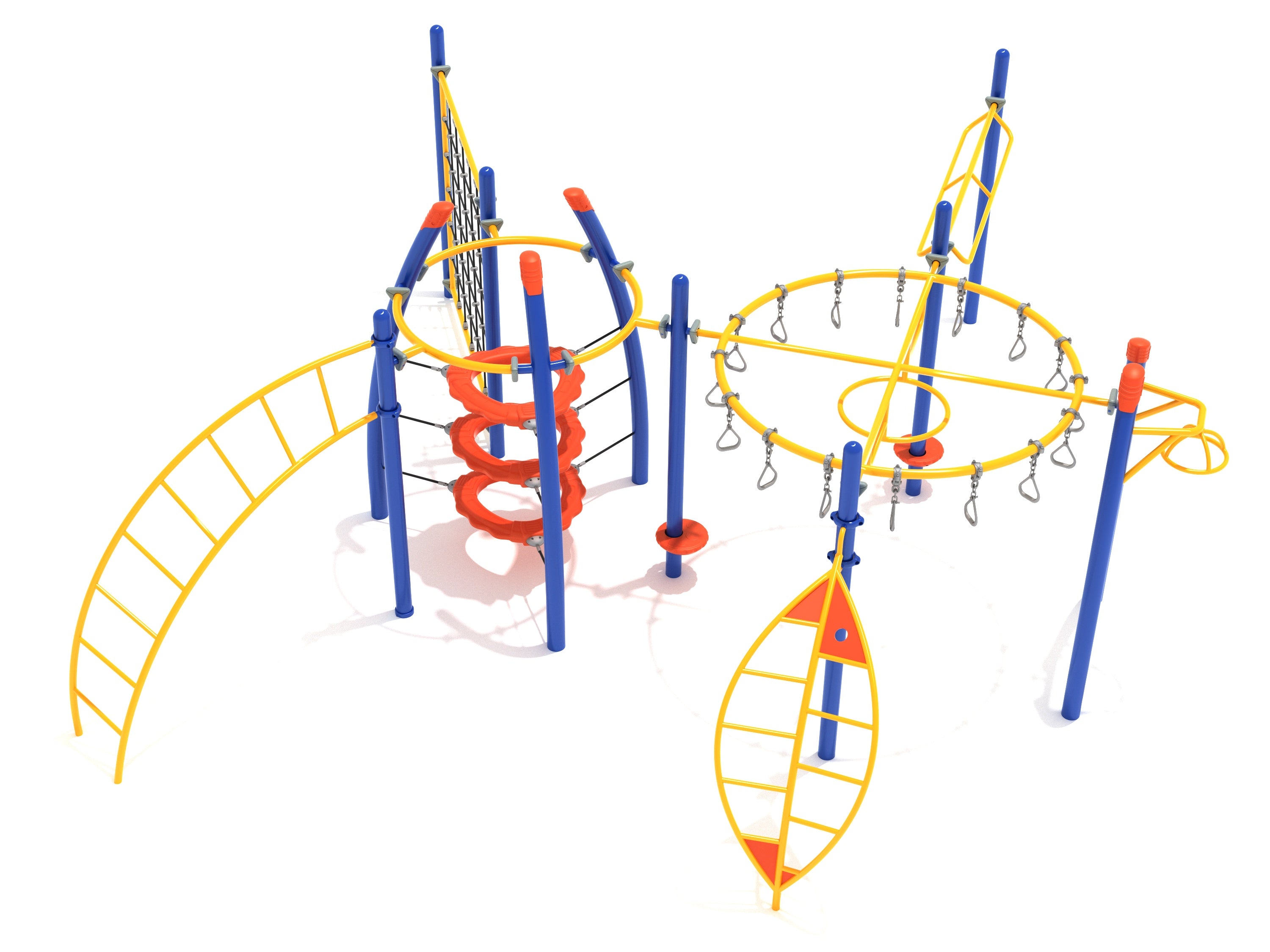 Colorful playground fitness structure with circular climbing rings, overhead swinging rungs, ladder, and climbing components in blue, yellow, and red