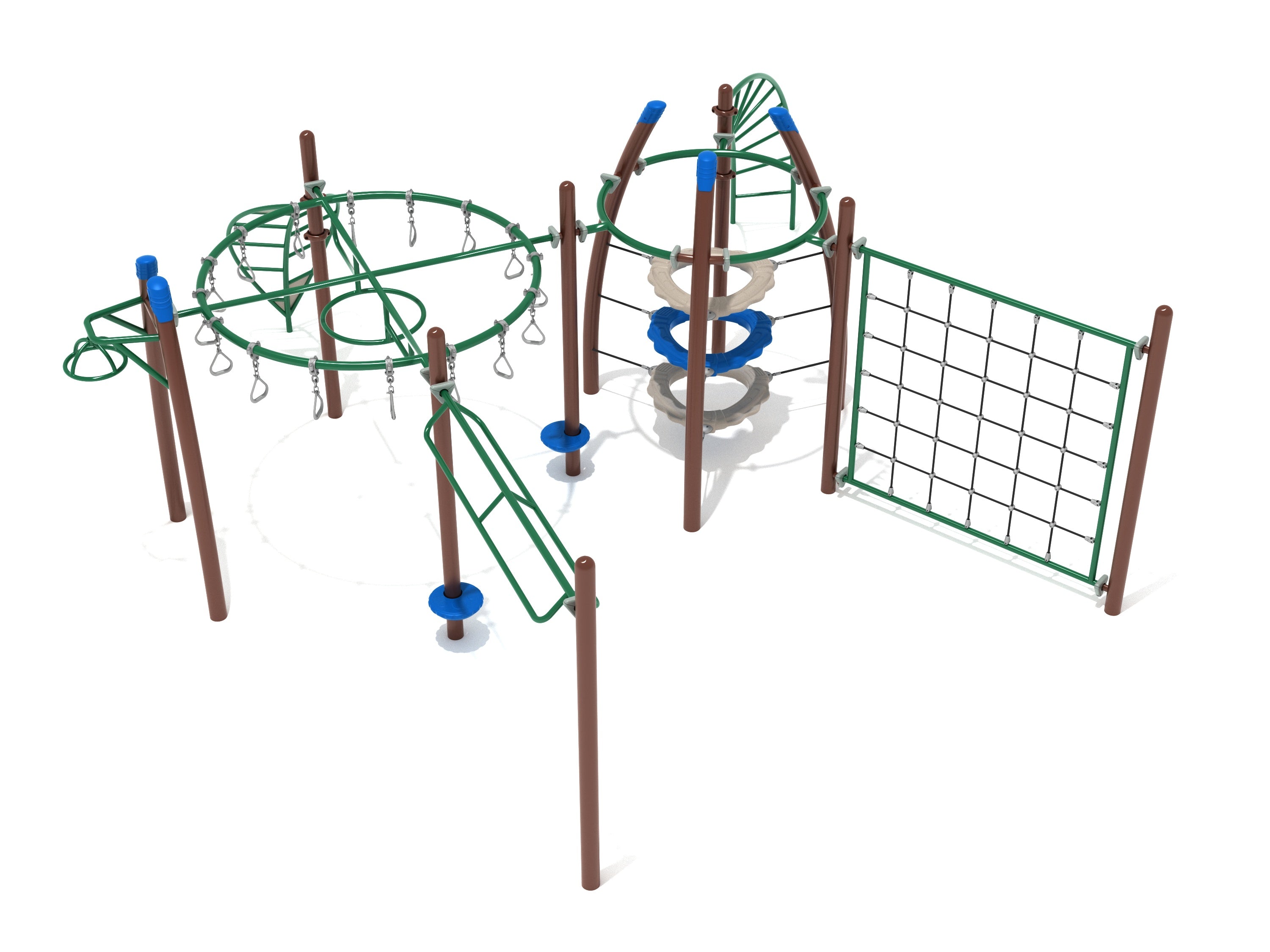 Outdoor fitness playground with circular swinging rung ladder, suspended climbing rings, and large net climber for active play
