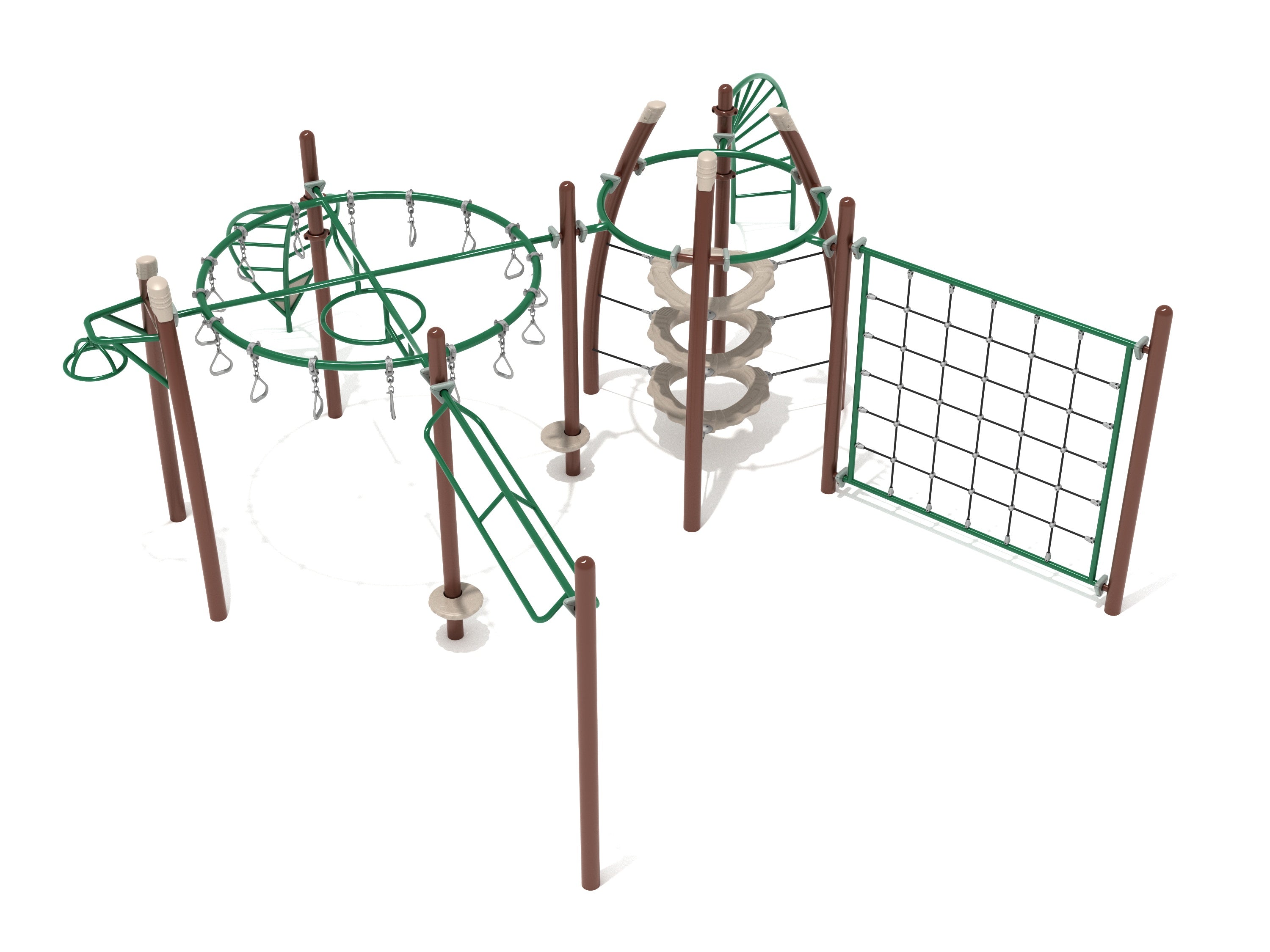 Outdoor playground fitness course with green metal climbing structures, suspended rings, rope net climber, and swinging rung ladder