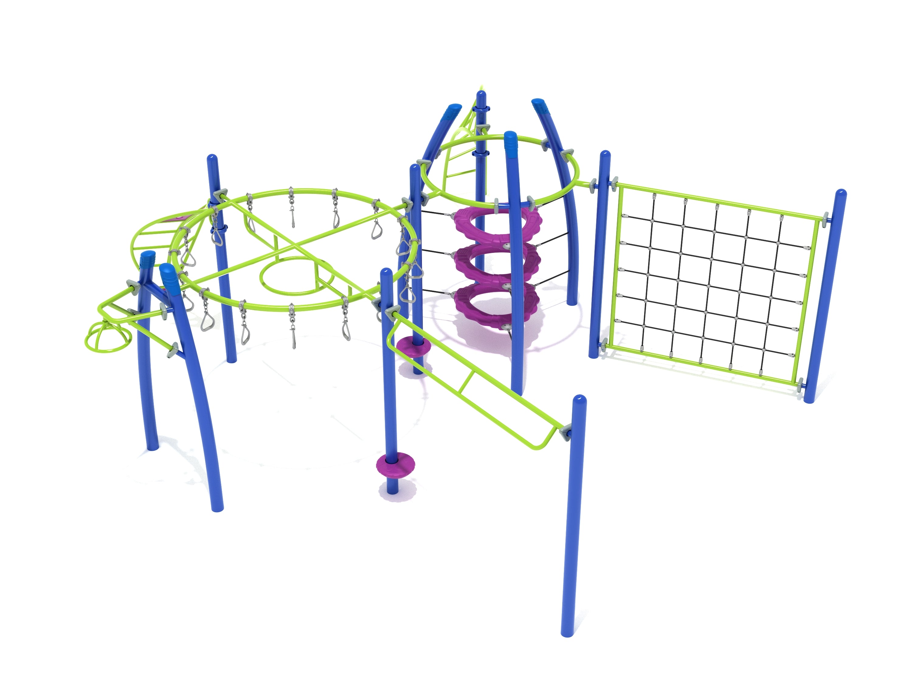 Colorful playground fitness structure with circular overhead swing ladder, suspended climbing rings, and large net climber