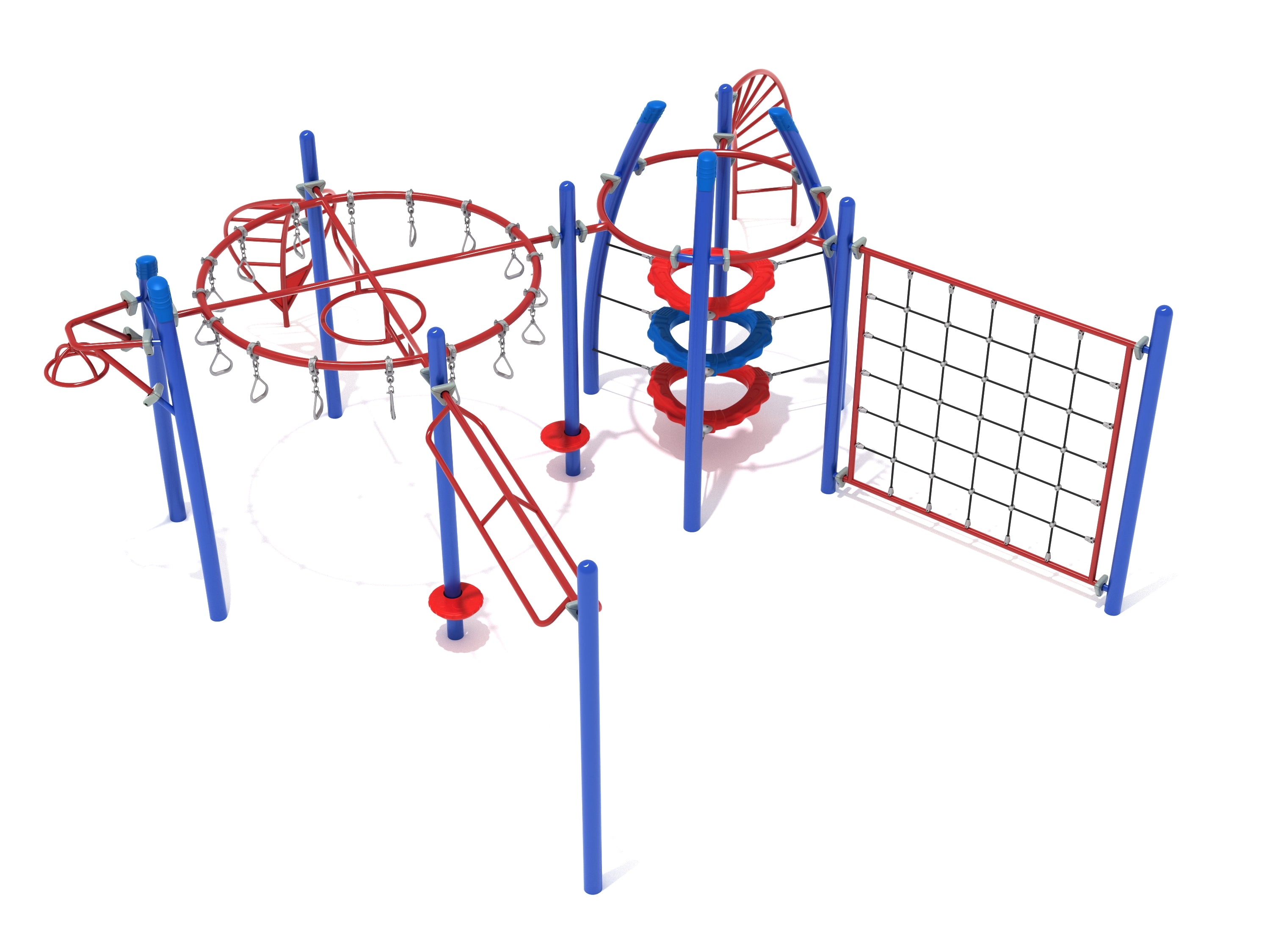 Red and blue playground fitness structure with circular climbing rings, overhead swinging rungs, and net climber elements