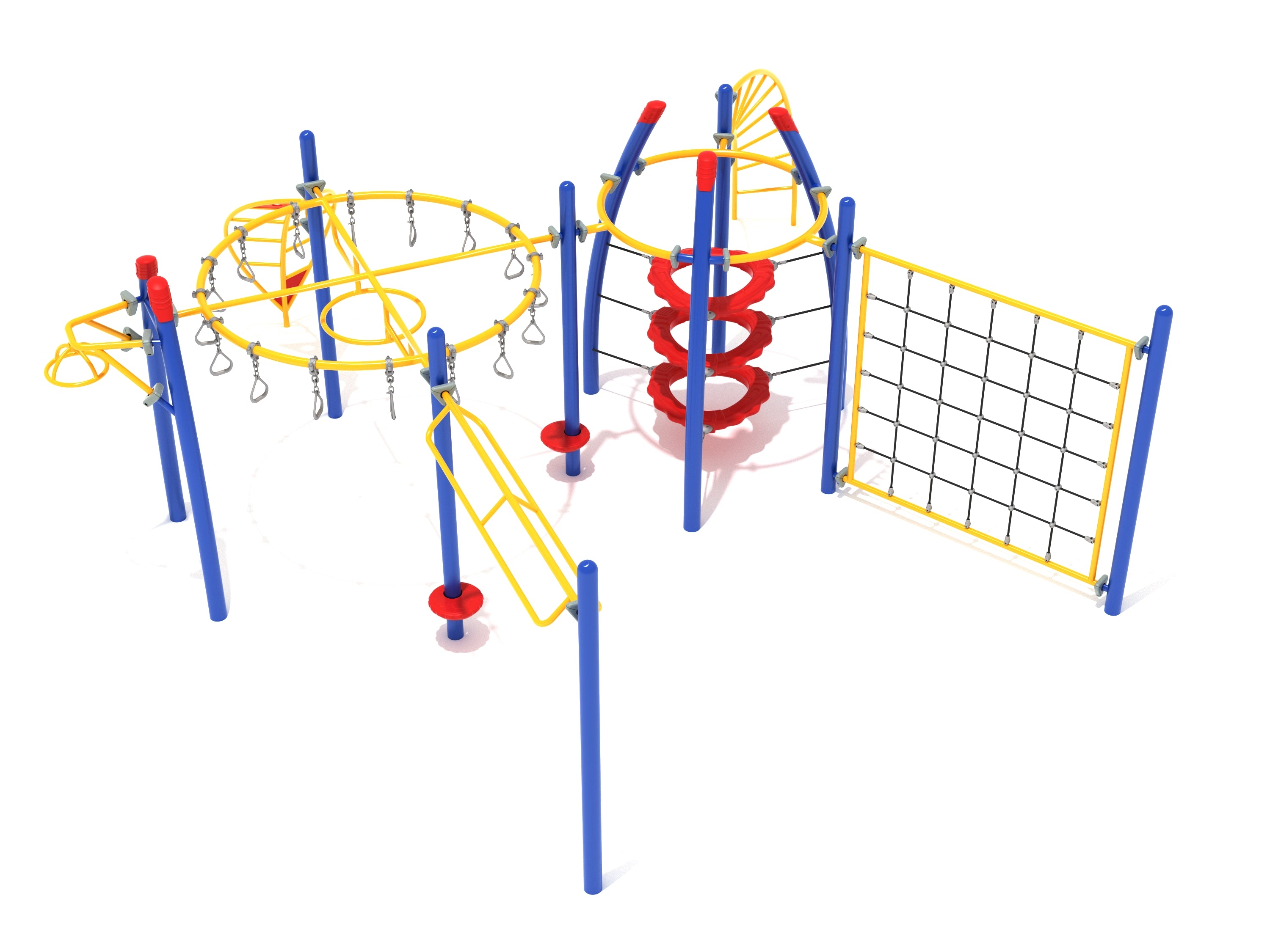 Colorful playground fitness course with blue posts, yellow climbing frames, red circular rings, and rope net climber