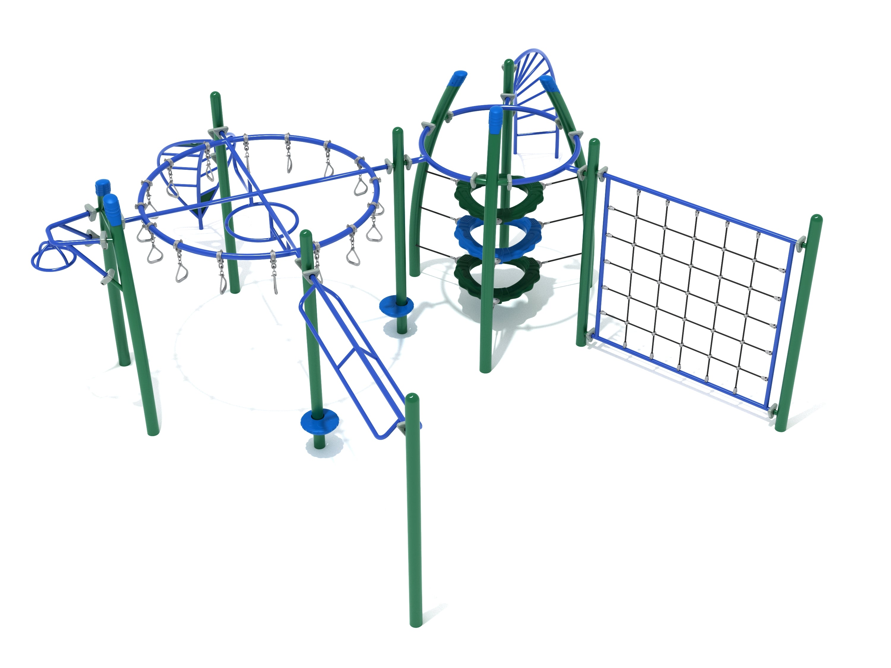 Outdoor playground fitness course with circular overhead swing ladder, suspended climbing rings, and green and blue net climber
