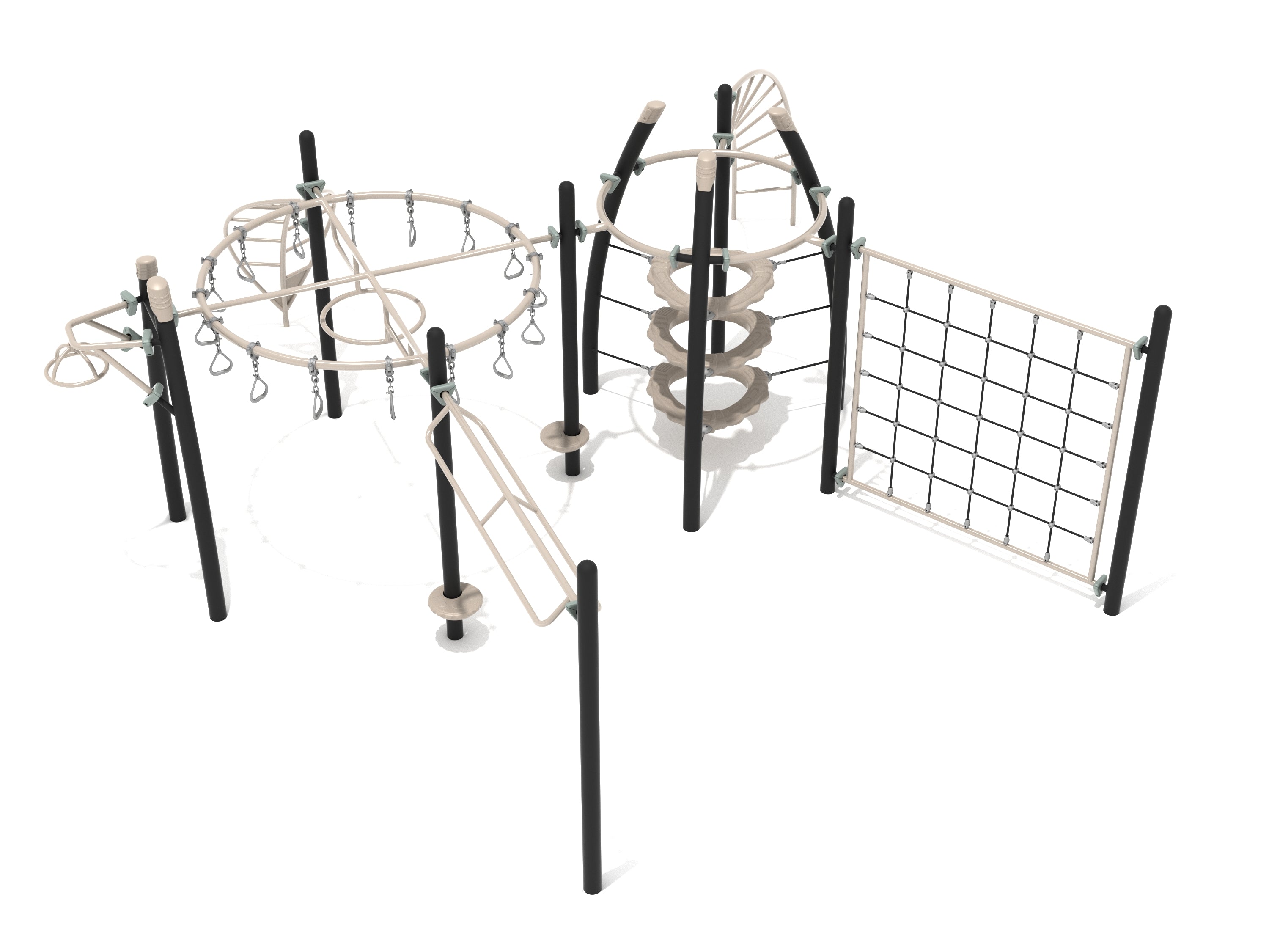 Outdoor fitness playground with circular swinging rung ladder, climbing rings, and large net climber in neutral tones