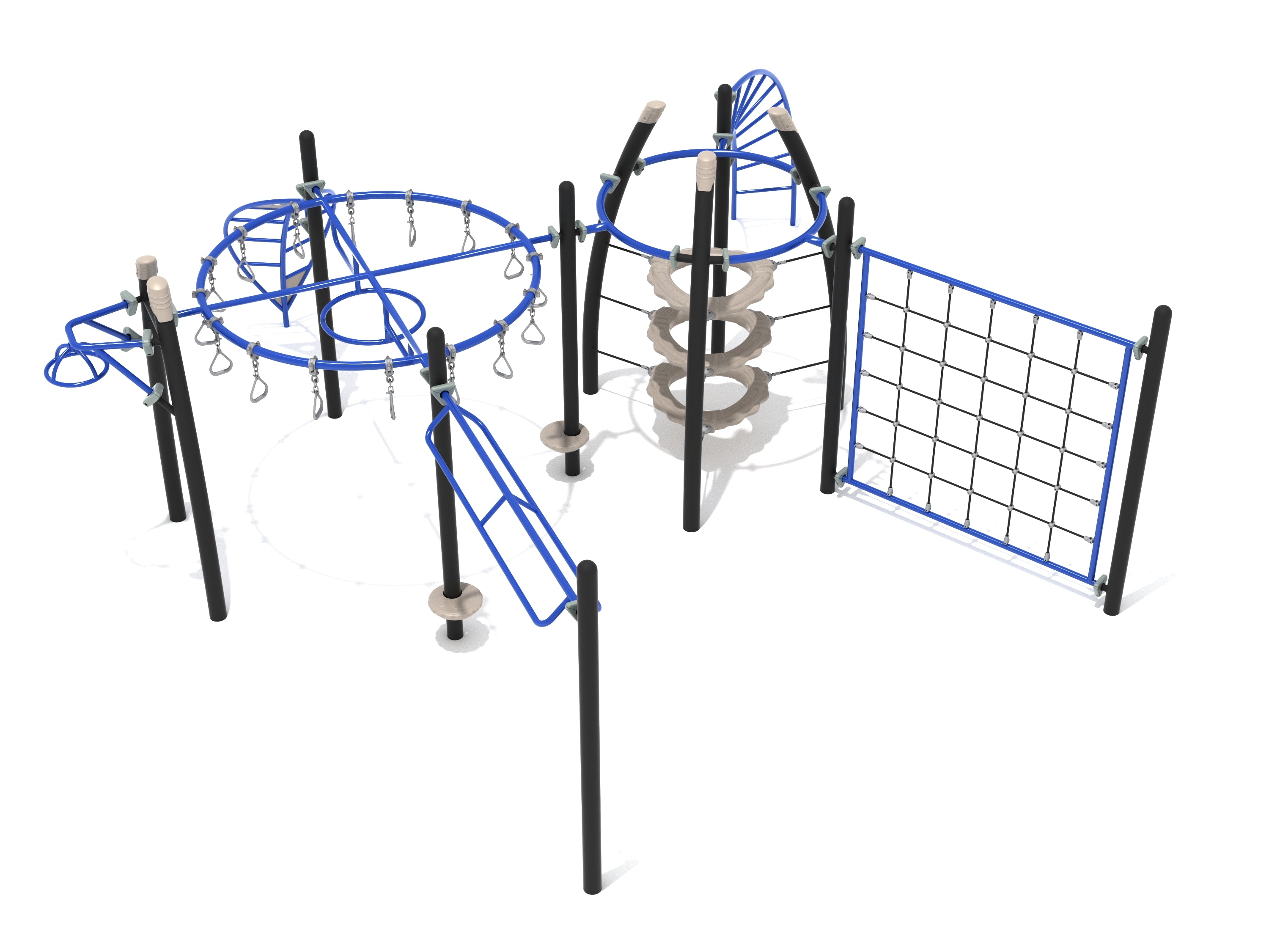 Outdoor fitness playground with blue and black climbing frames, hanging rings, ladders, and net climbers for active play