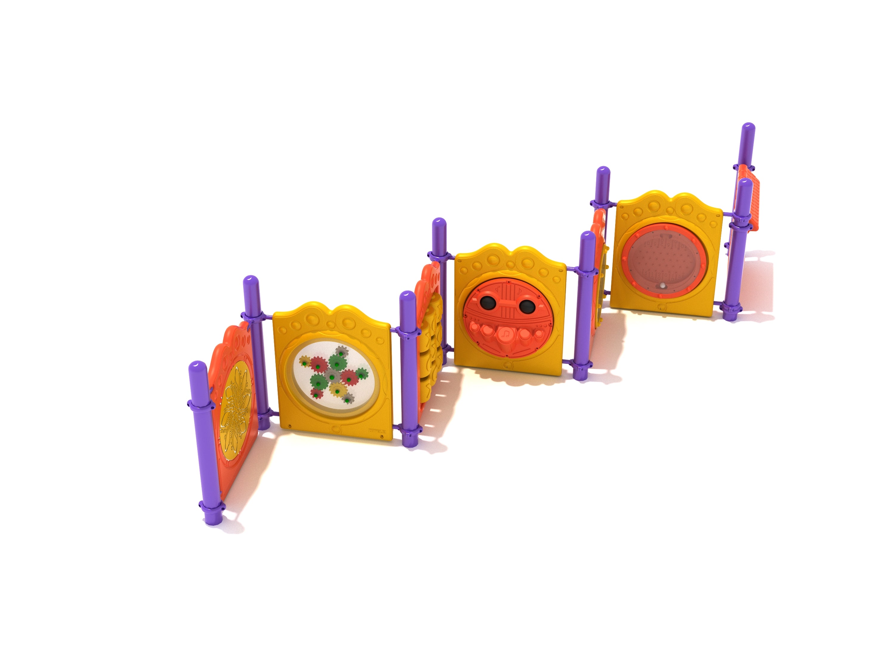 Colorful playground activity panels with gears, mazes, percussion elements, and tic-tac-toe connected by purple posts