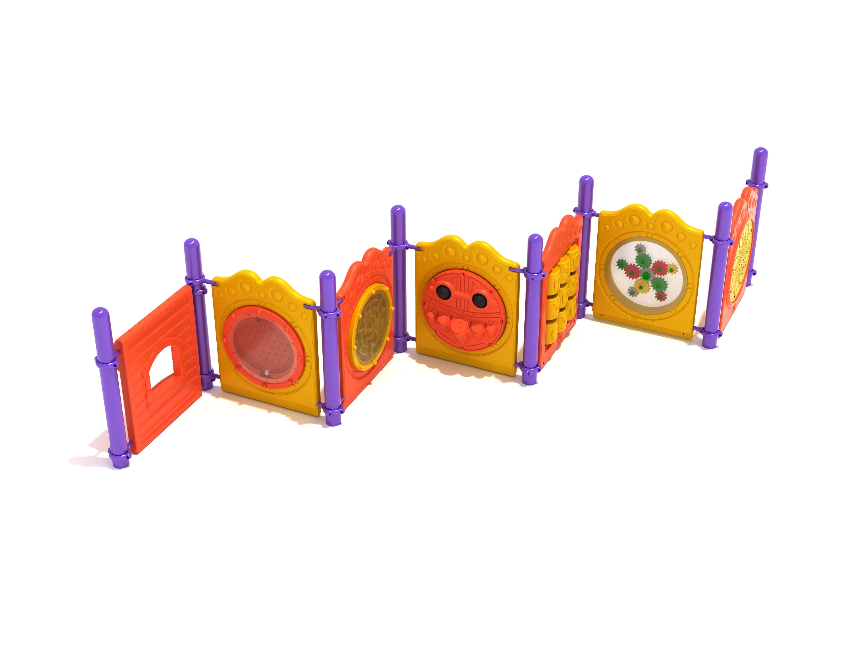 Colorful modular playground panels with games, mazes, gears, and percussion elements in orange, yellow, and purple