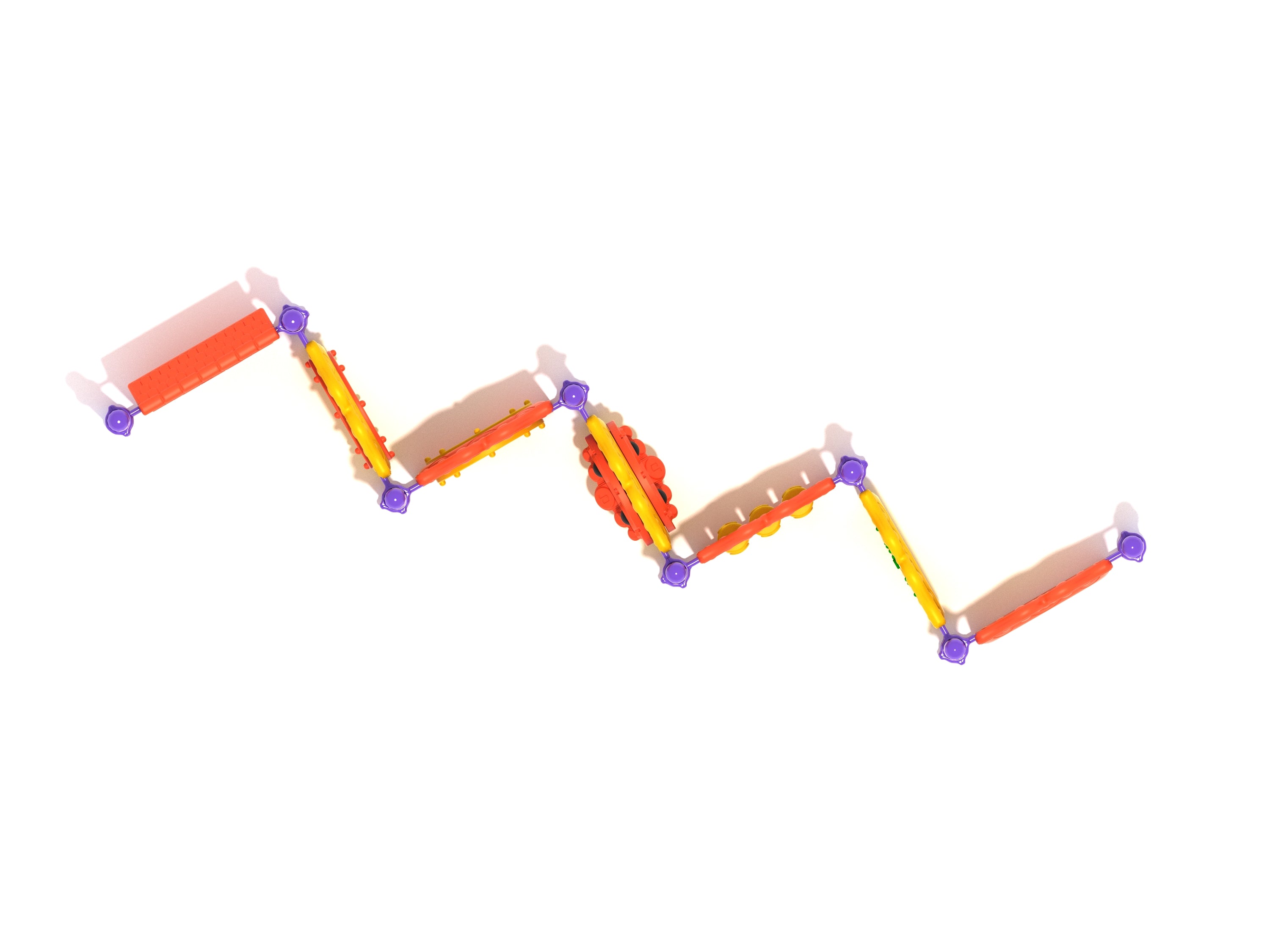 Overhead view of a colorful modular playground activity panel system with orange, yellow, and purple interactive game and maze components