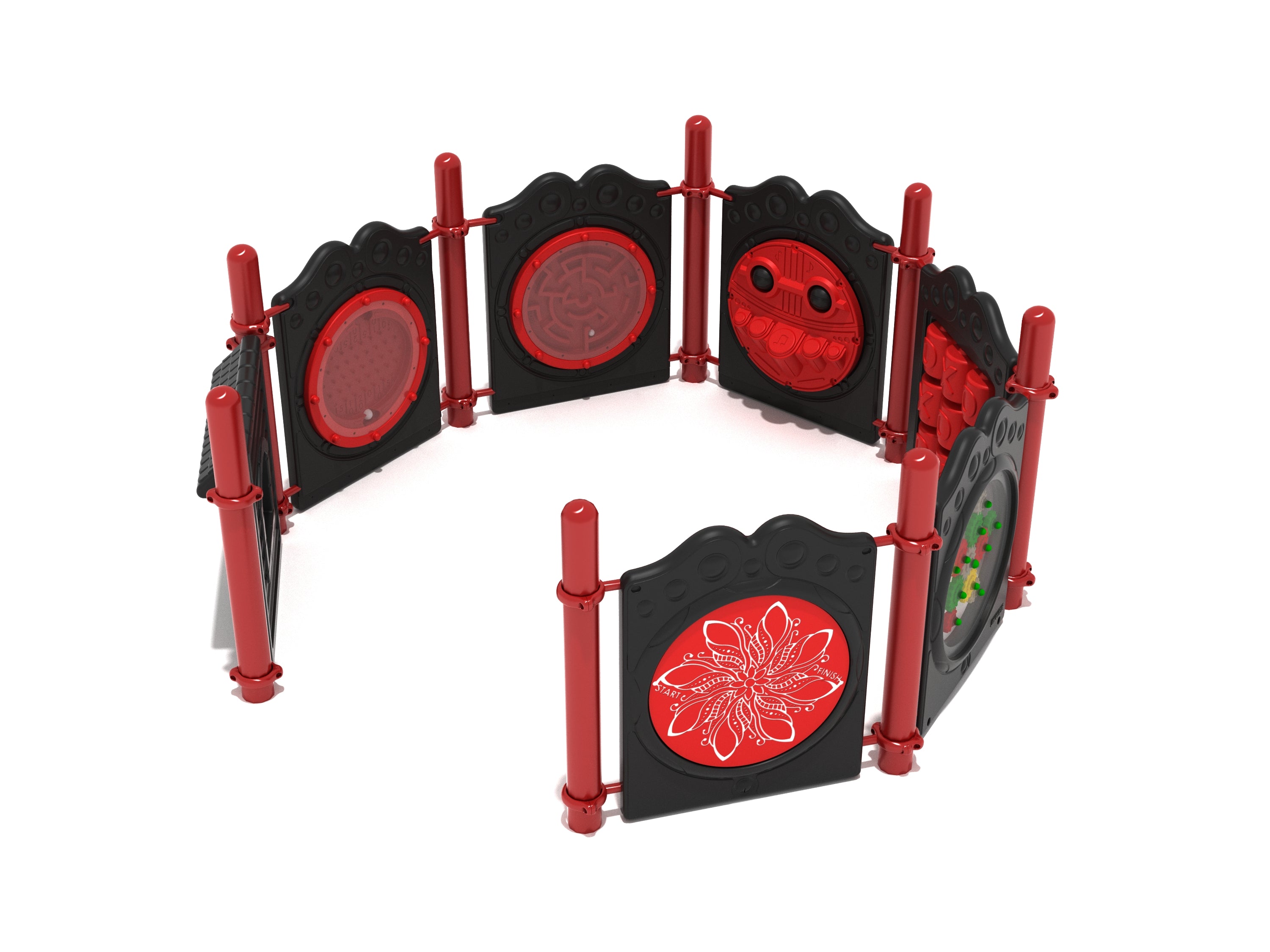 Hexagonal playground activity panel with red and black interactive games, including maze and tic-tac-toe features for children.