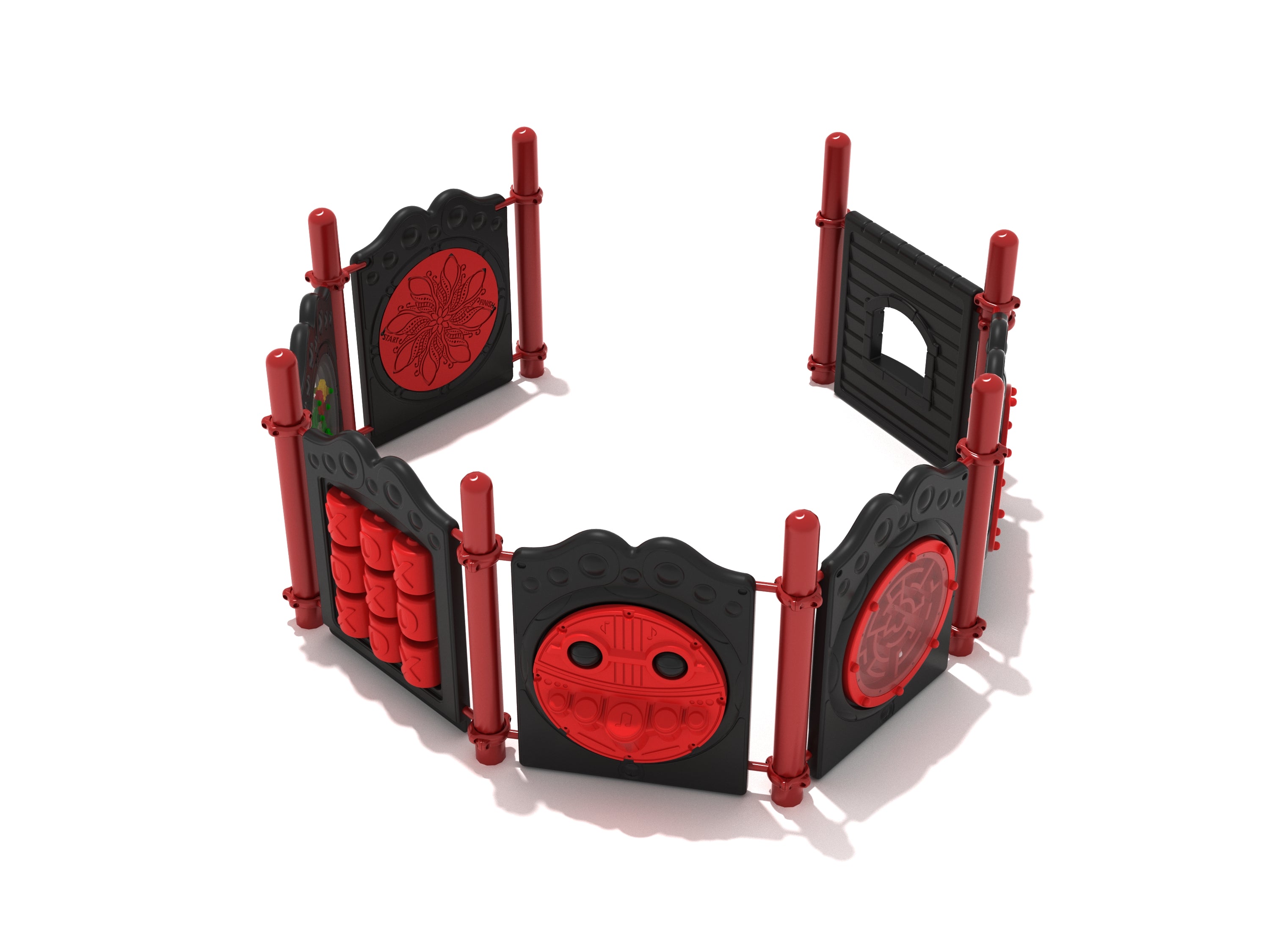 Hexagonal playground activity corral with red and black interactive panels featuring games, mazes, and musical elements