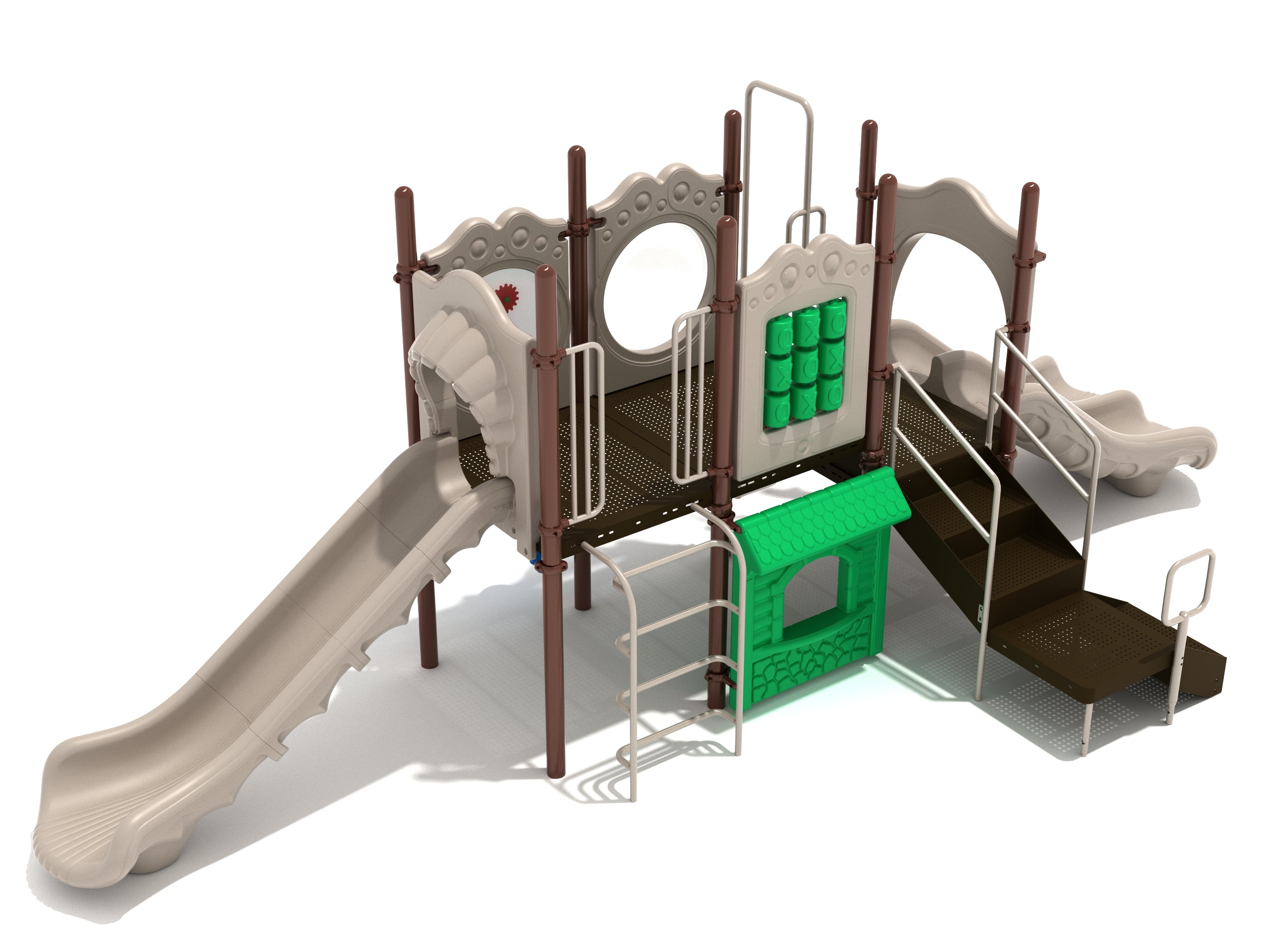 Children's playground structure with beige double and straight slides, climbing ladder, tic-tac-toe panel, and green playhouse panel