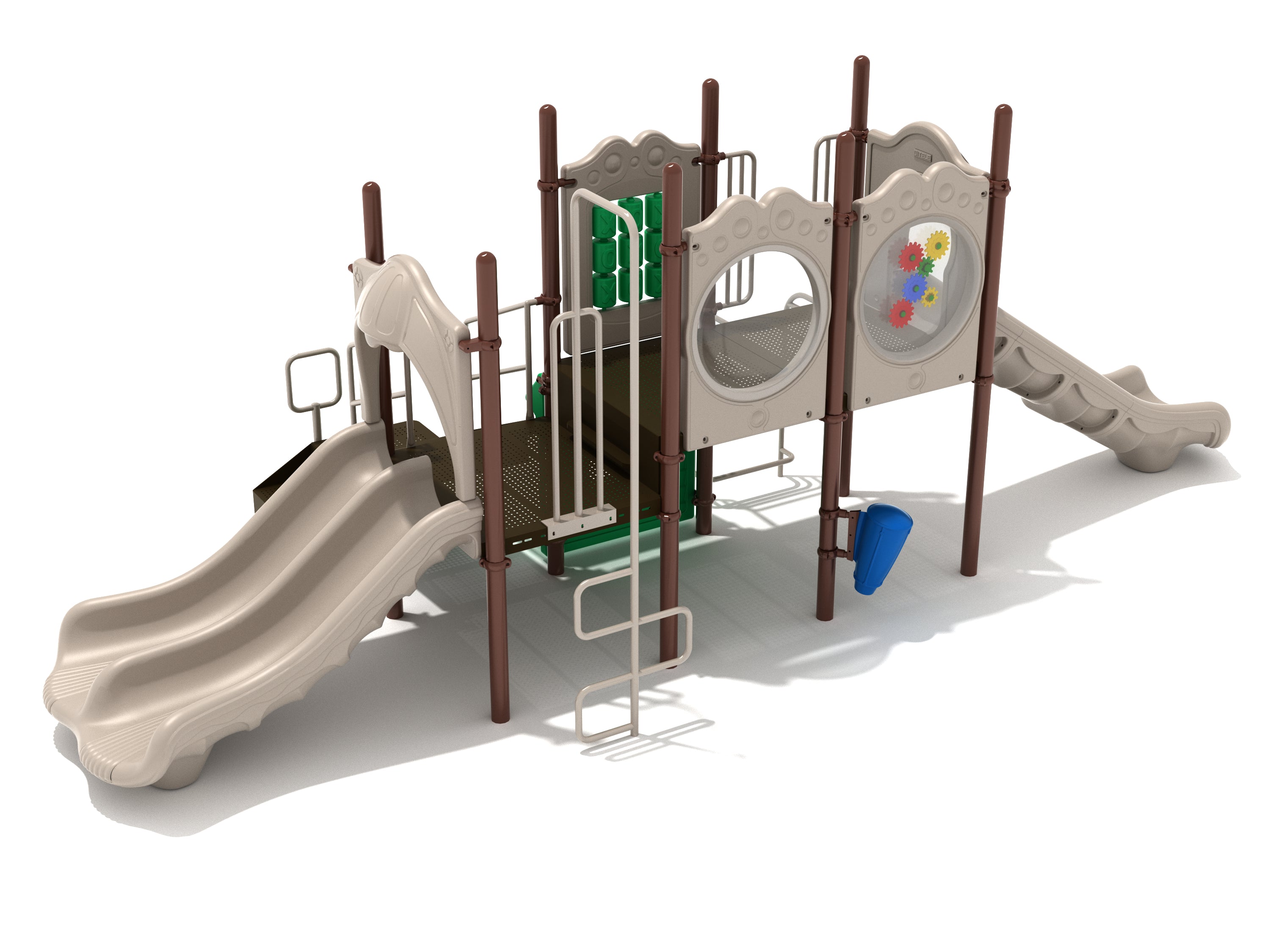 Port Townsend Playground with beige double and straight slides, vertical ladder, snake climber, gear, bubble, and tic-tac-toe panels