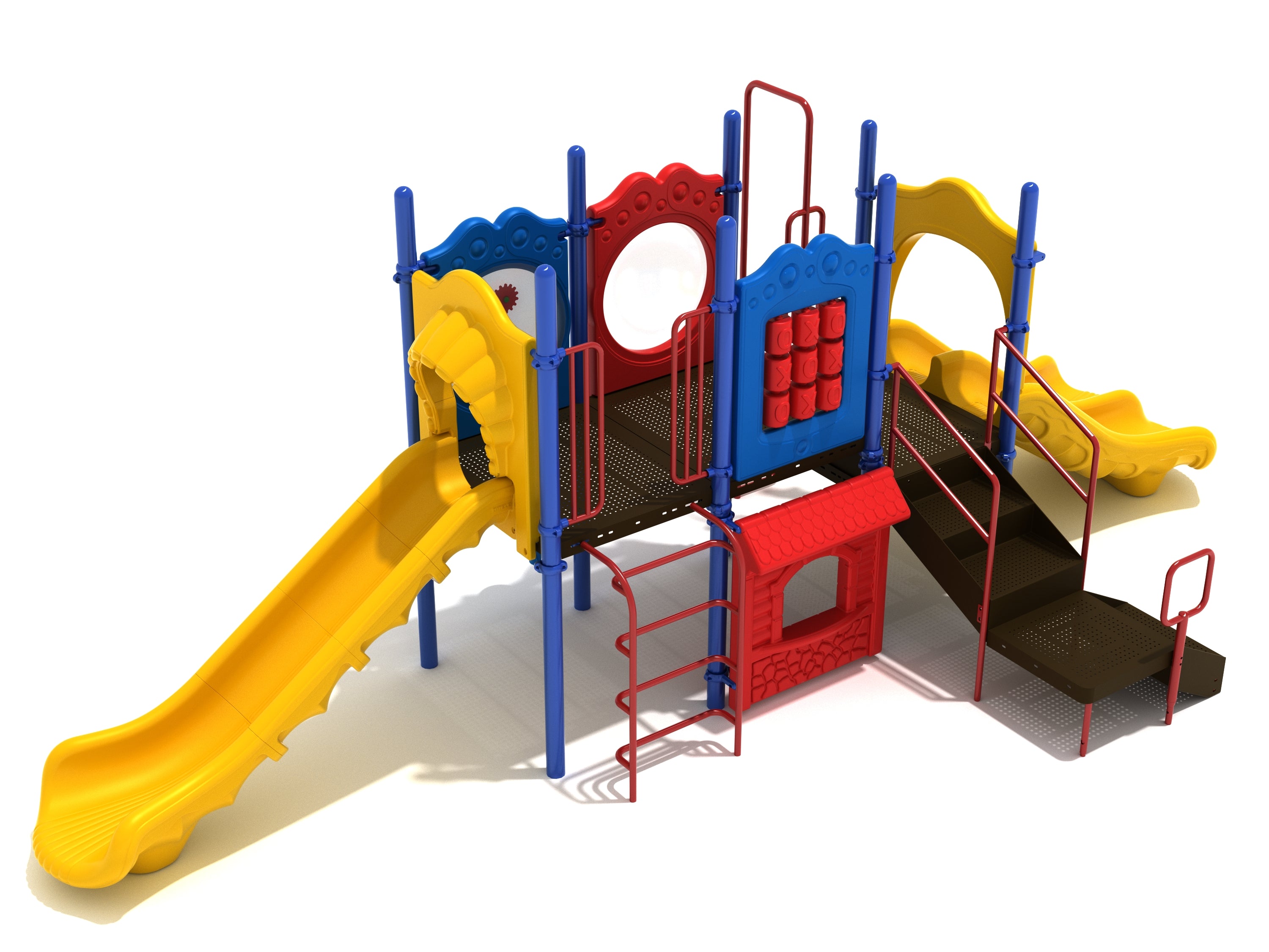 Colorful playground structure with two yellow slides, climbing ladder, tic-tac-toe panel, and playhouse panel