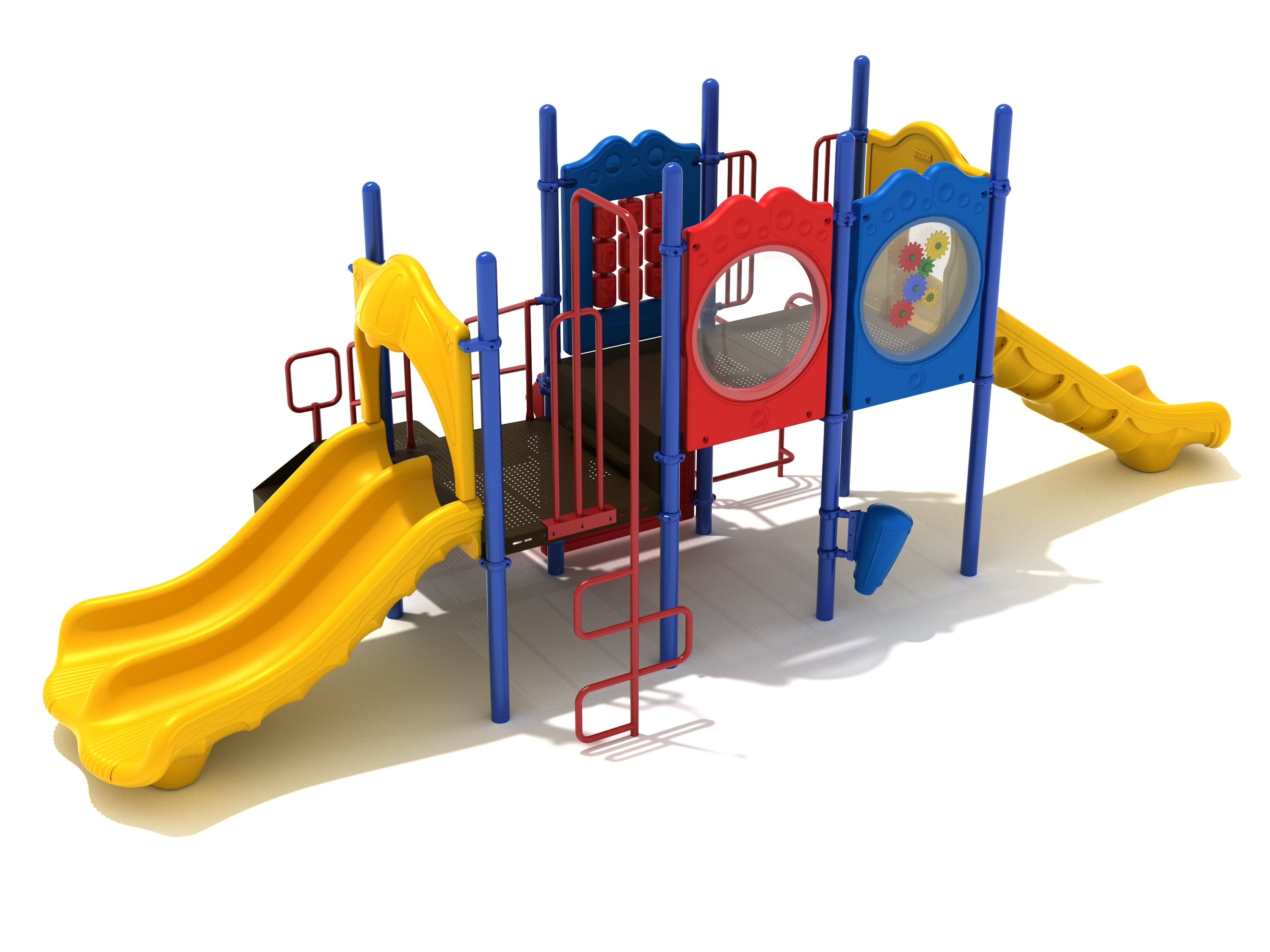 Colorful playground structure with dual yellow slides, red and blue interactive panels, and red climbing ladders.