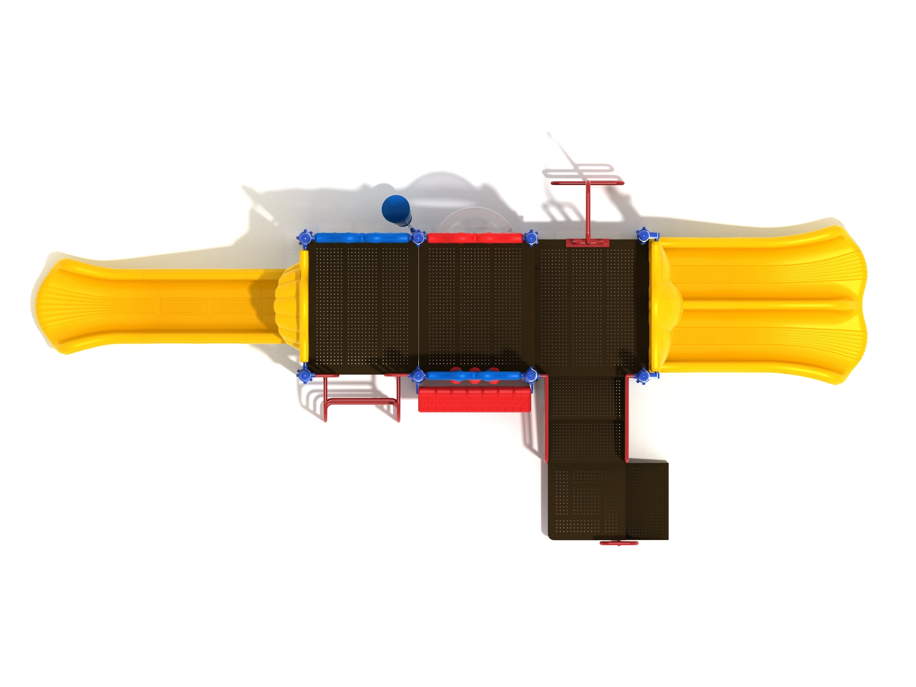 Overhead view of playground structure with two yellow slides, climbing panels, gear, bubble, and tic-tac-toe features