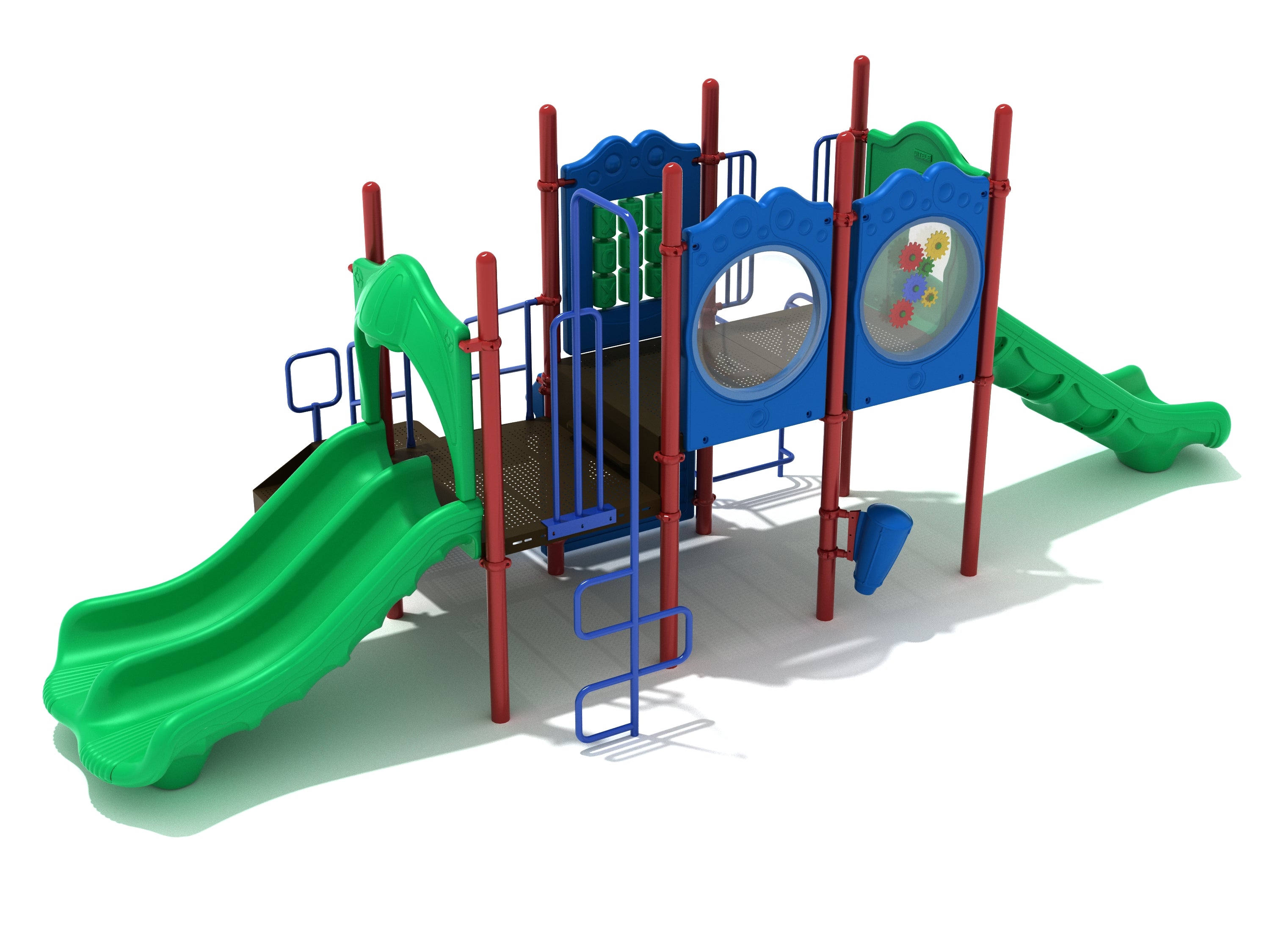 Colorful playground structure with double and straight slides, climbing ladder, gear, tic-tac-toe panels, and activity windows
