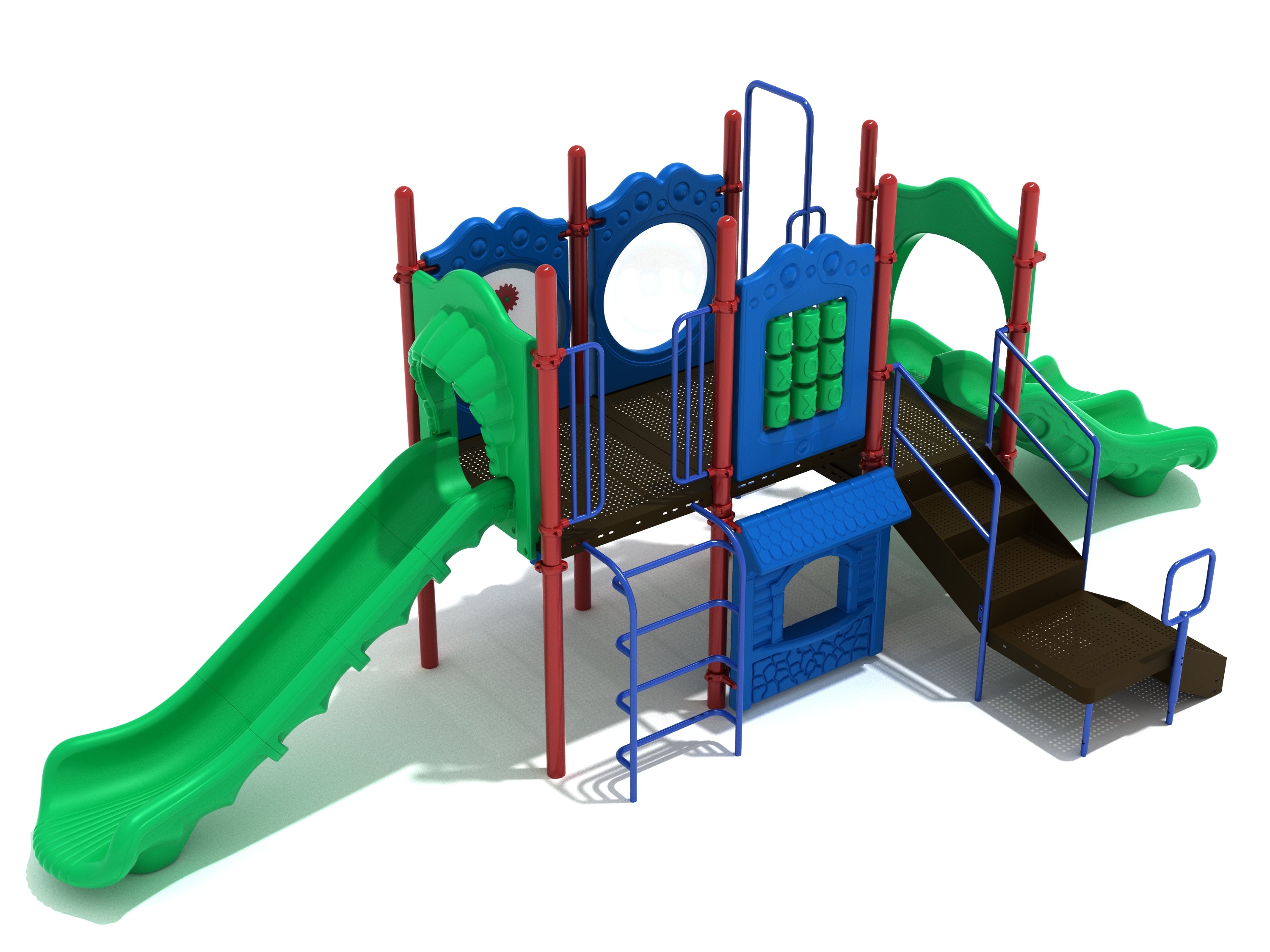 Colorful playground structure with two green slides, climbing ladder, tic-tac-toe panel, and playhouse panel