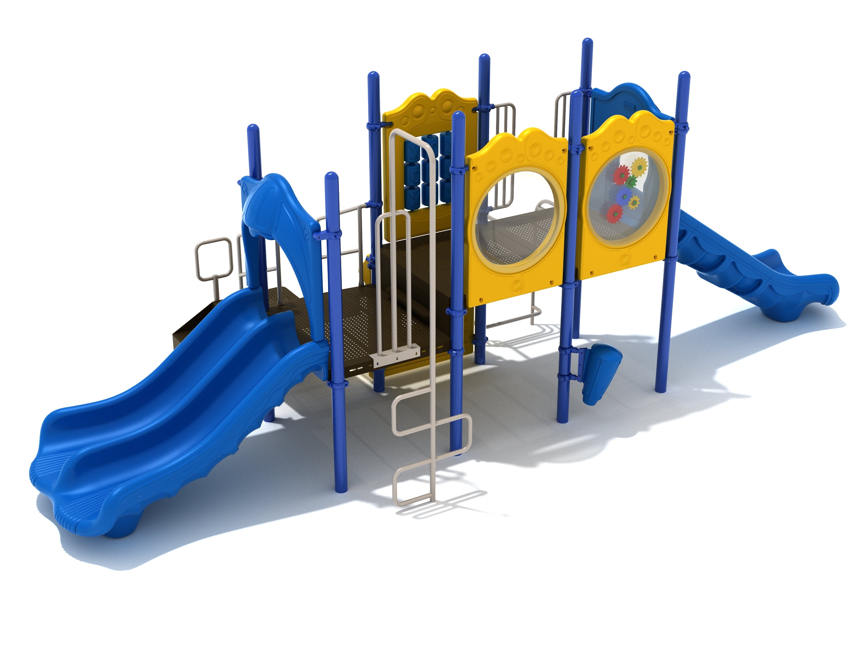 Blue and yellow playground structure with double and straight slides, climbing ladder, gear and bubble panels