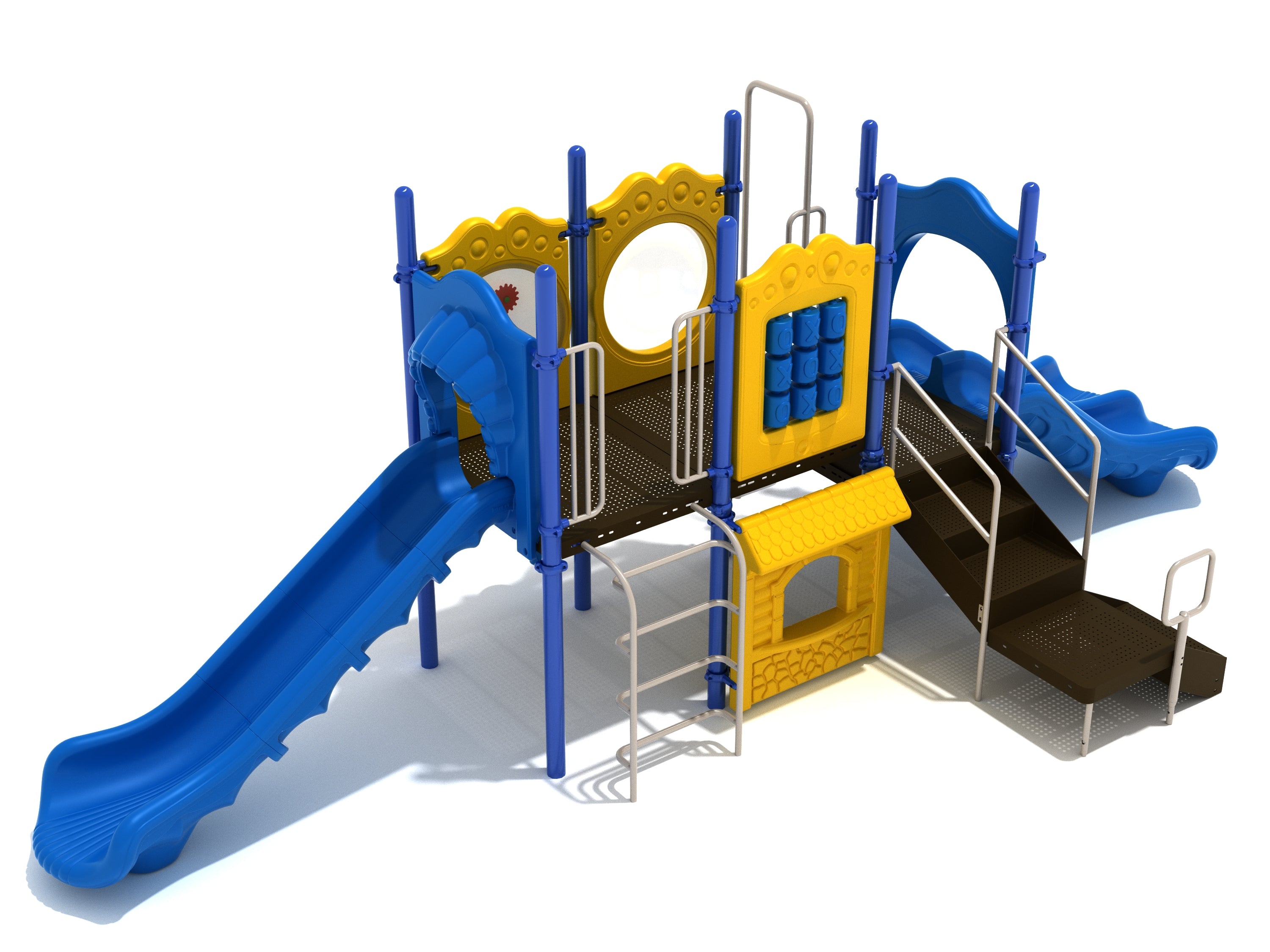 Colorful playground structure with two blue slides, yellow tic-tac-toe and gear panels, climbing ladder, and small playhouse under deck