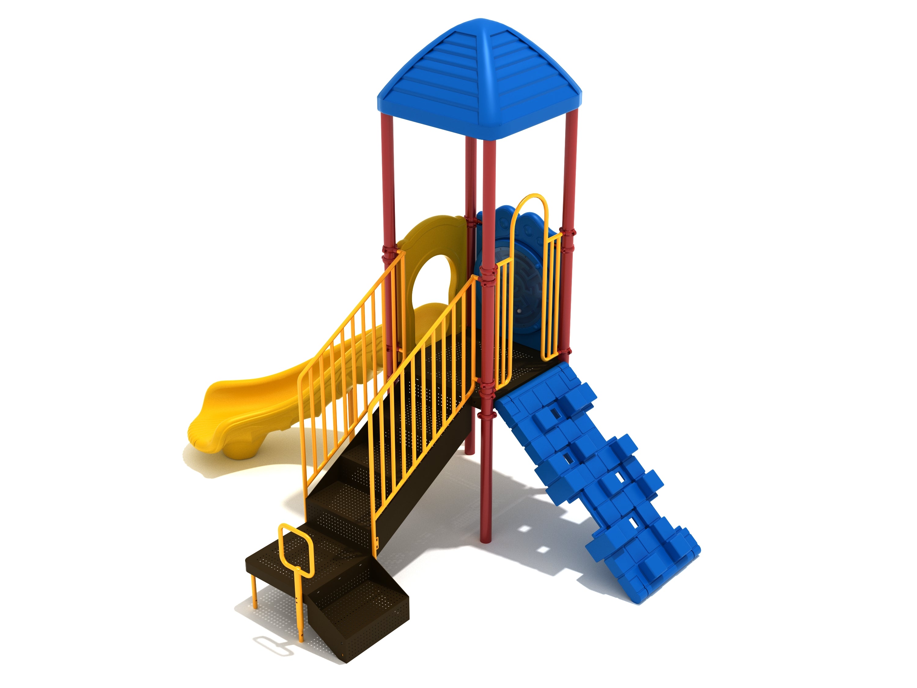 Colorful playground structure with blue roof, yellow slide, black stairs with yellow railings, and blue cube-shaped climber