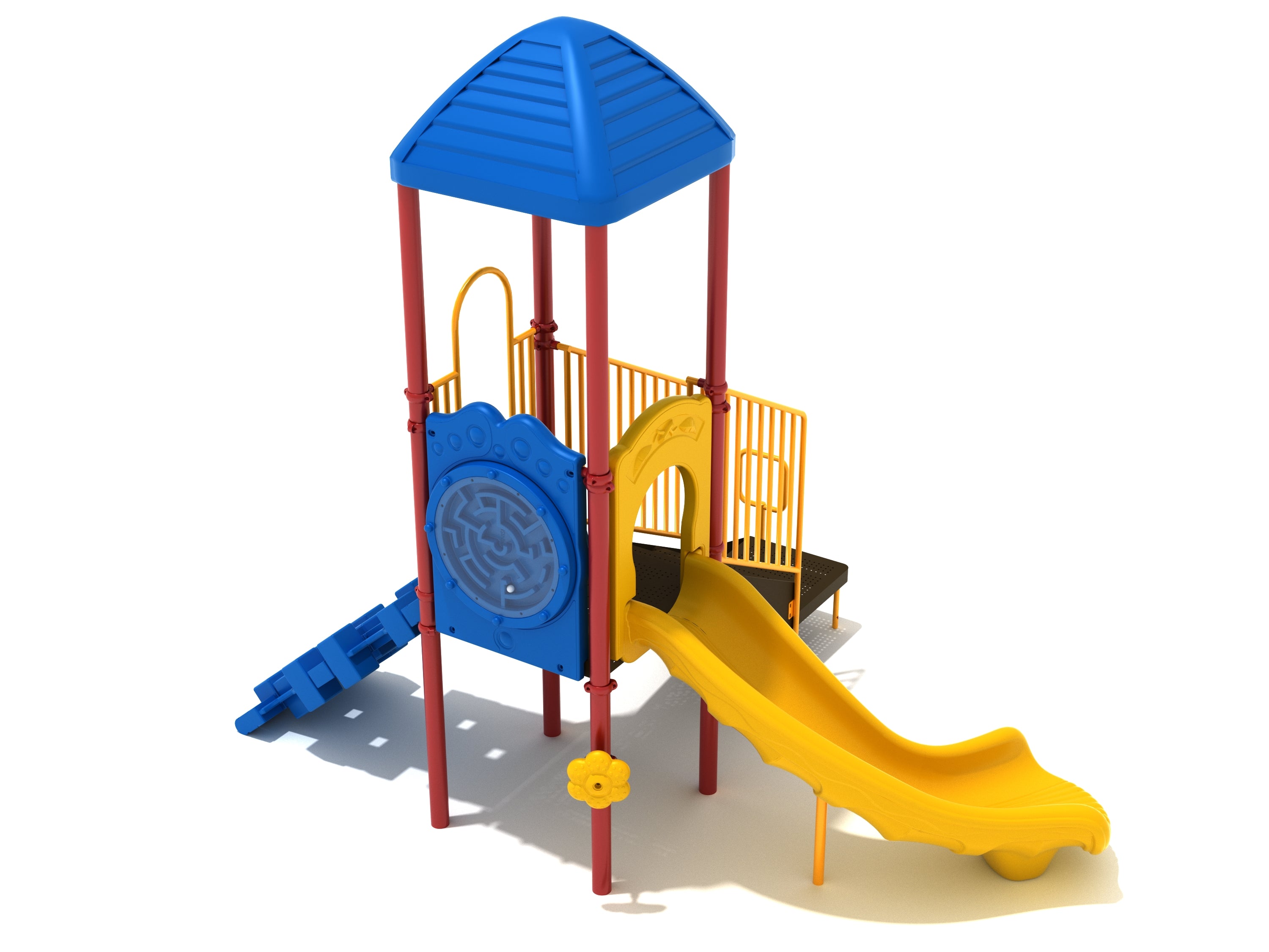 Colorful playground structure with blue roof, yellow left-turn slide, blue pixel climber, transfer stairs, ball maze panel, and rain wheel