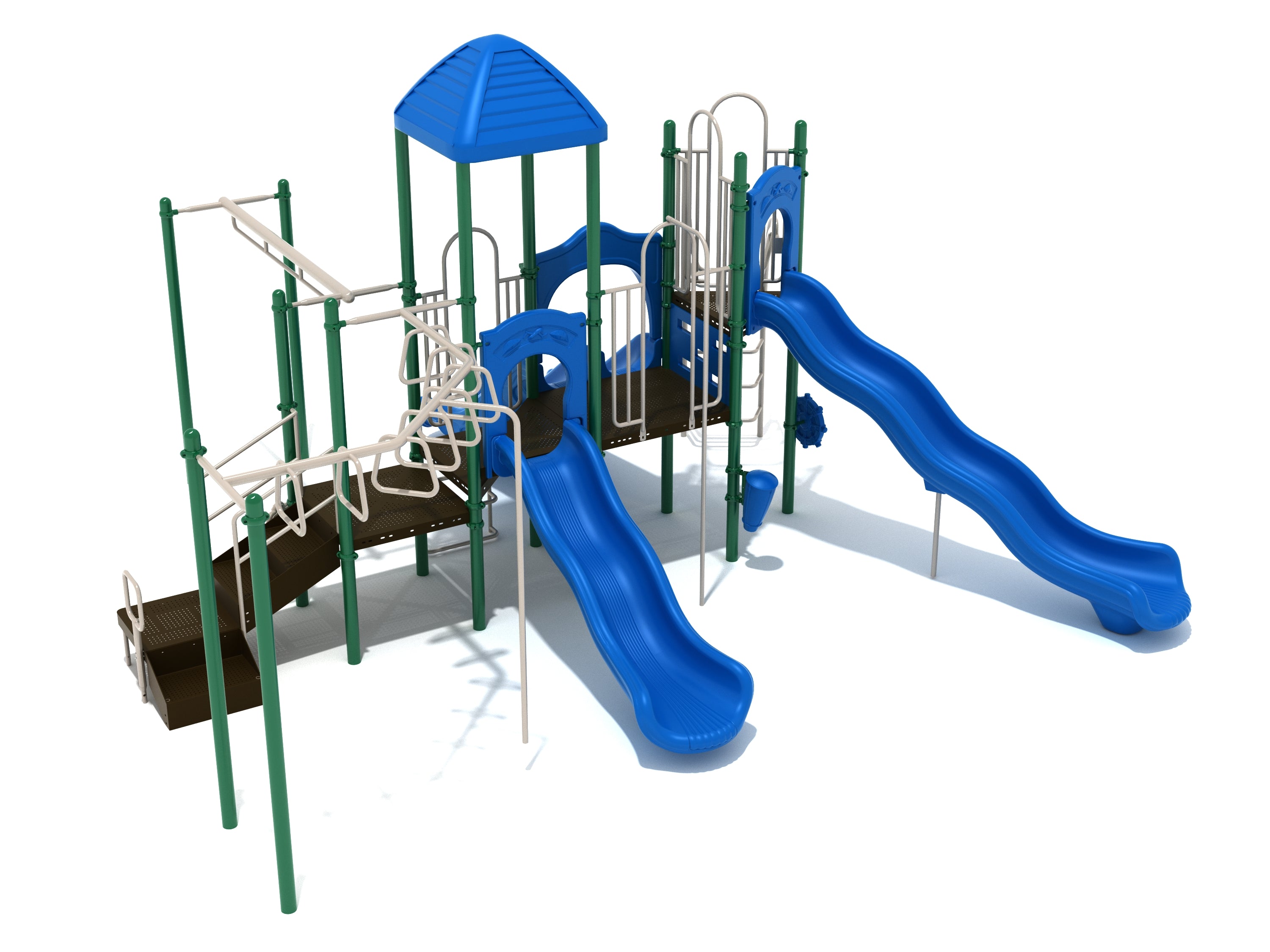 Outdoor playground structure with blue slides, green posts, climbing ladders, overhead climbers, and shaded platform roof