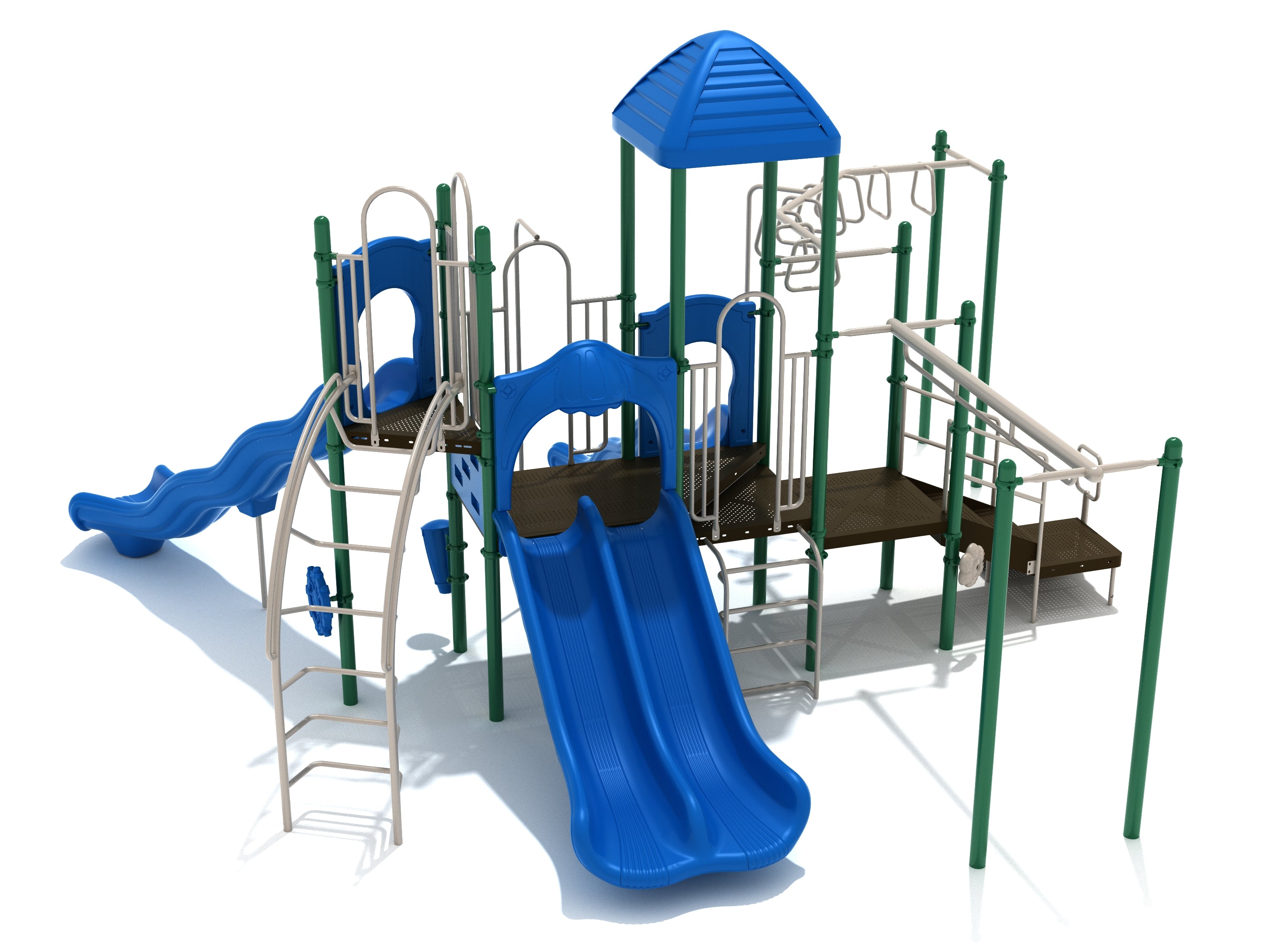 Blue and green outdoor playground with double slide, curved climbing ladder, overhead climbers, and interactive play panels